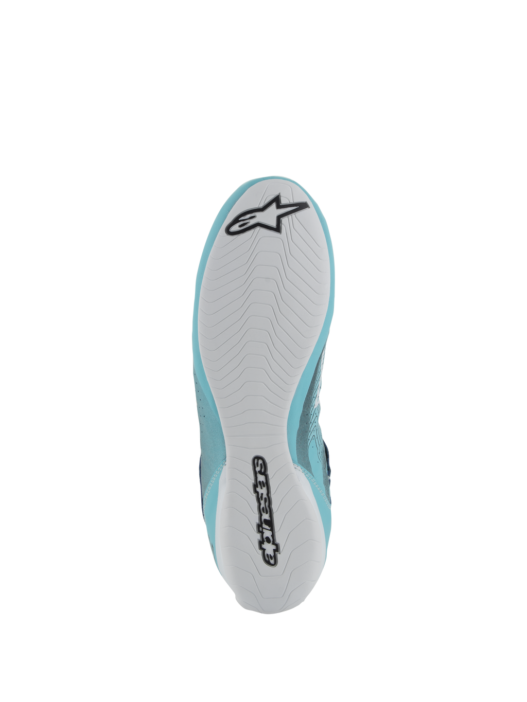 Zapatos Alpinestars Tech-1 Z V3 FIA, calzado de automovilismo, verde azulado claro y blanco, vista inferior que muestra una suela de goma blanca con el logotipo y la marca denominativa Alpinestars en negro, dibujo asimétrico para agarre y sensibilidad con los pedales.