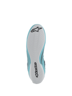 Zapatos Alpinestars Tech-1 Z V3 FIA, calzado de automovilismo, verde azulado claro y blanco, vista inferior que muestra una suela de goma blanca con el logotipo y la marca denominativa Alpinestars en negro, dibujo asimétrico para agarre y sensibilidad con los pedales.
