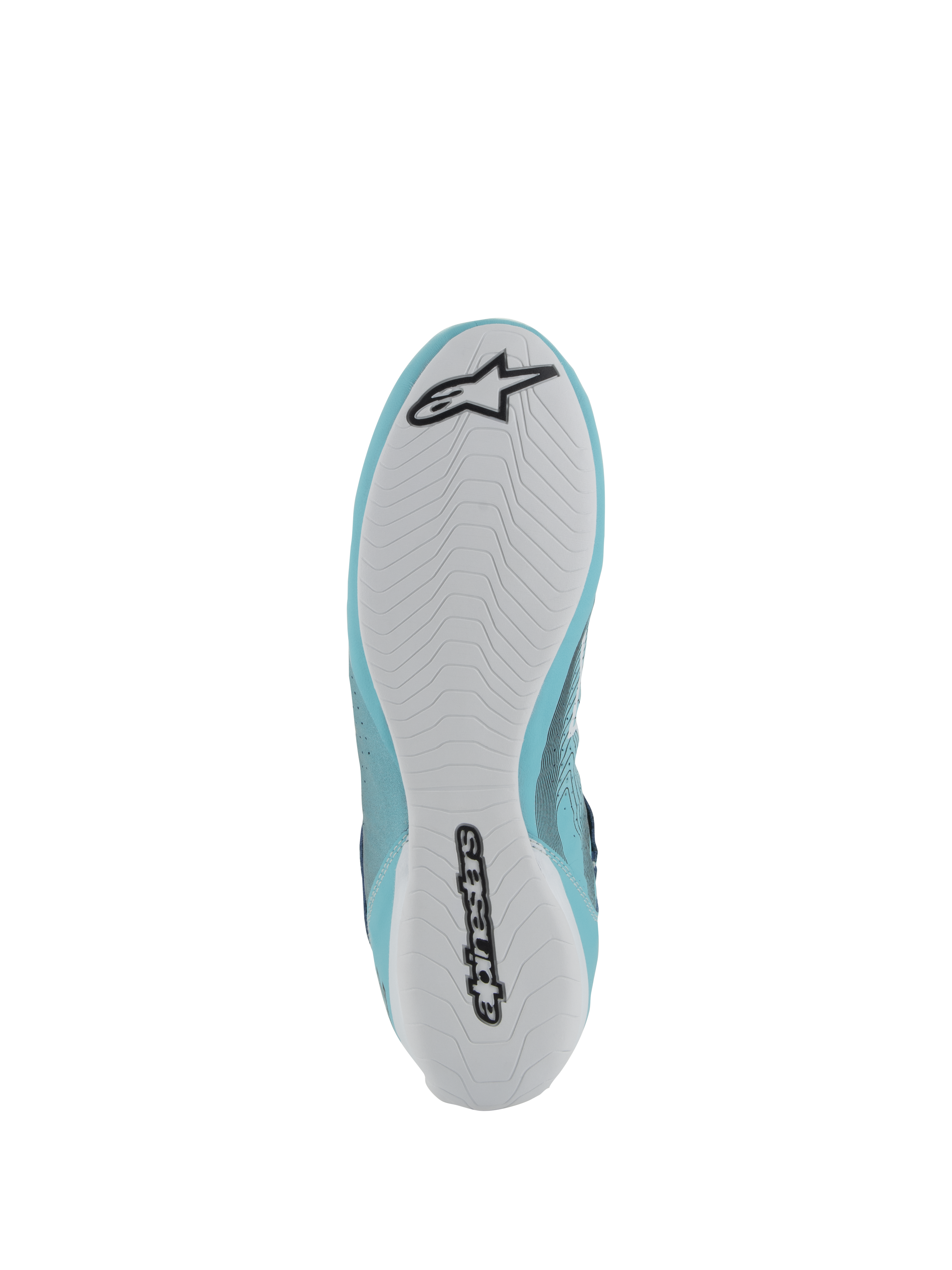 Zapatos Alpinestars Tech-1 Z V3 FIA, calzado de automovilismo, verde azulado claro y blanco, vista inferior que muestra una suela de goma blanca con el logotipo y la marca denominativa Alpinestars en negro, dibujo asimétrico para agarre y sensibilidad con los pedales.