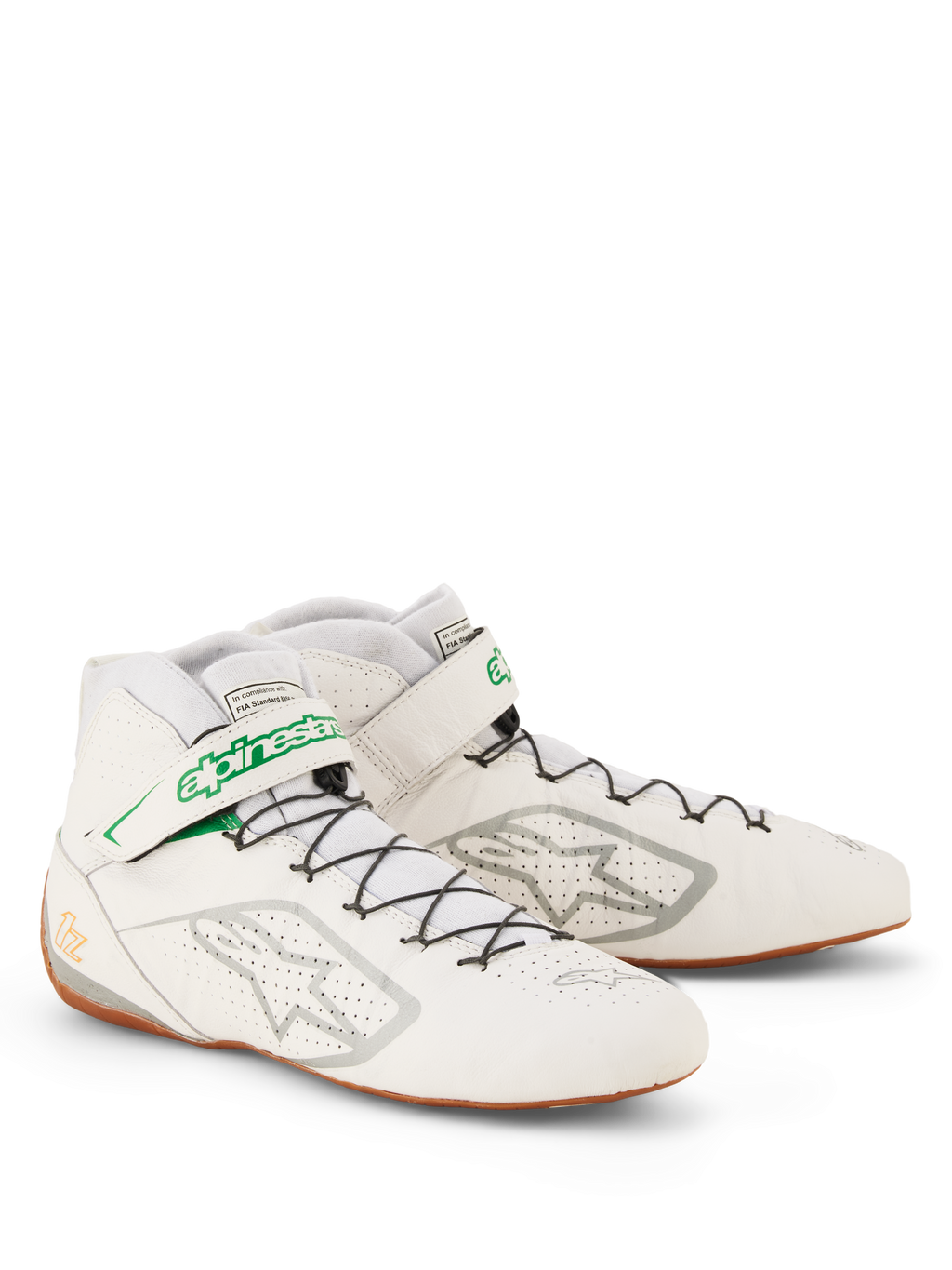 Alpinestars Tech-1 Z V3 Zapatillas FIA, zapatillas de carreras en blanco, verde, plateado y color caramelo, parte superior de cuero bovino perforado, sistema de cordones rápido con correa de logo verde, suela de goma fina para mayor sensibilidad con los pedales, calzado profesional para automovilismo