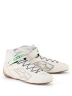 Alpinestars Tech-1 Z V3 Zapatillas FIA, zapatillas de carreras en blanco, verde, plateado y color caramelo, parte superior de cuero bovino perforado, sistema de cordones rápido con correa de logo verde, suela de goma fina para mayor sensibilidad con los pedales, calzado profesional para automovilismo