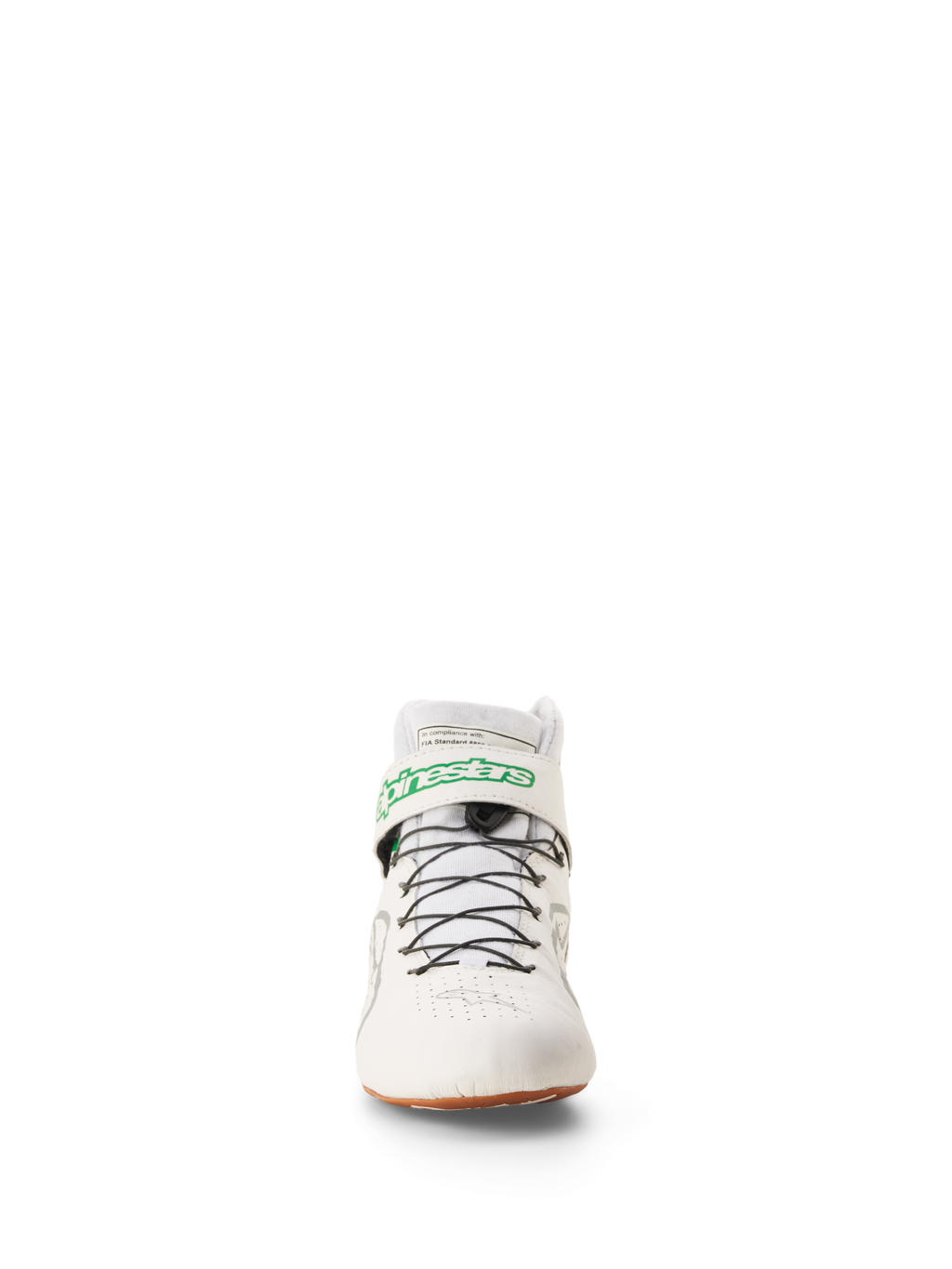 Alpinestars Tech-1 Z V3 Shoes FIA, zapatillas de automovilismo y karting, blanco, verde, caramelo y plateado, vista frontal con el logotipo de Alpinestars en verde en la correa del tobillo, sistema de cordones rápidos negros y suela de goma, calzado profesional para deportes de motor