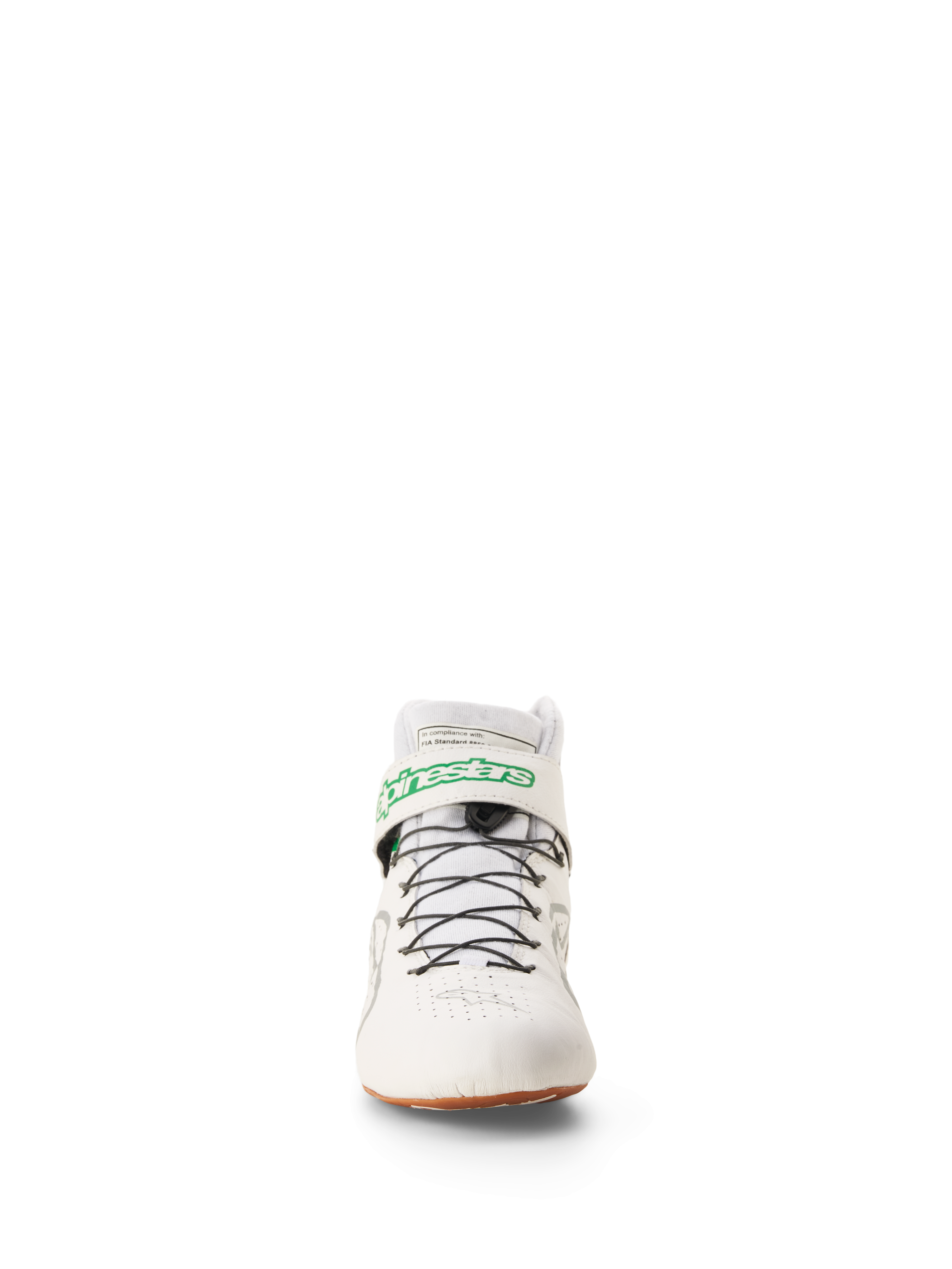 Alpinestars Tech-1 Z V3 Shoes FIA, zapatillas de automovilismo y karting, blanco, verde, caramelo y plateado, vista frontal con el logotipo de Alpinestars en verde en la correa del tobillo, sistema de cordones rápidos negros y suela de goma, calzado profesional para deportes de motor