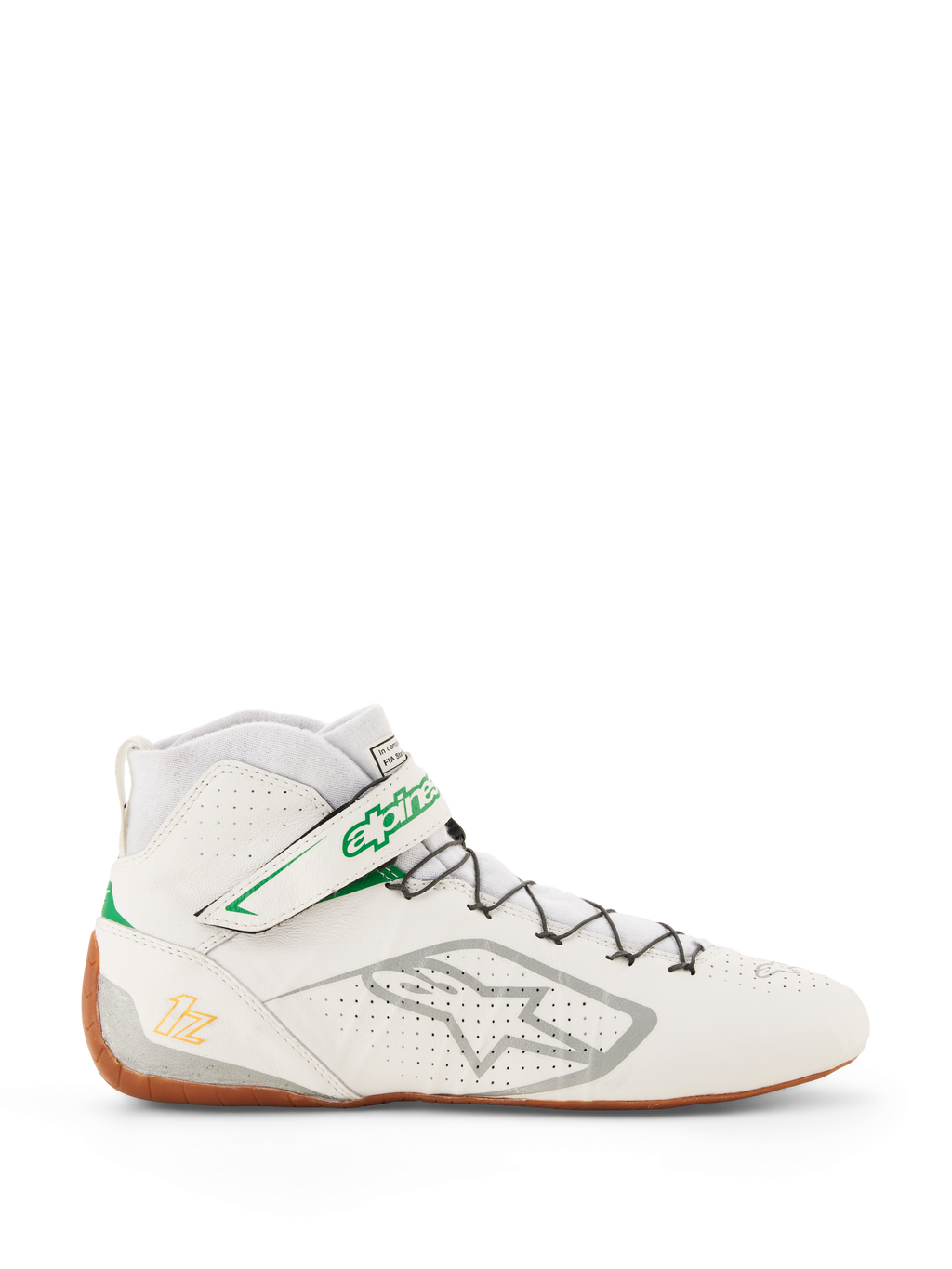 Alpinestars Tech-1 Z V3 Shoes FIA, zapatillas de karting y automovilismo, blancas con acentos en verde y color goma, vista lateral con logotipo plateado de Alpinestars, parte superior de cuero perforado, silueta de caña alta con cordones rápidos, diseño profesional de automovilismo
