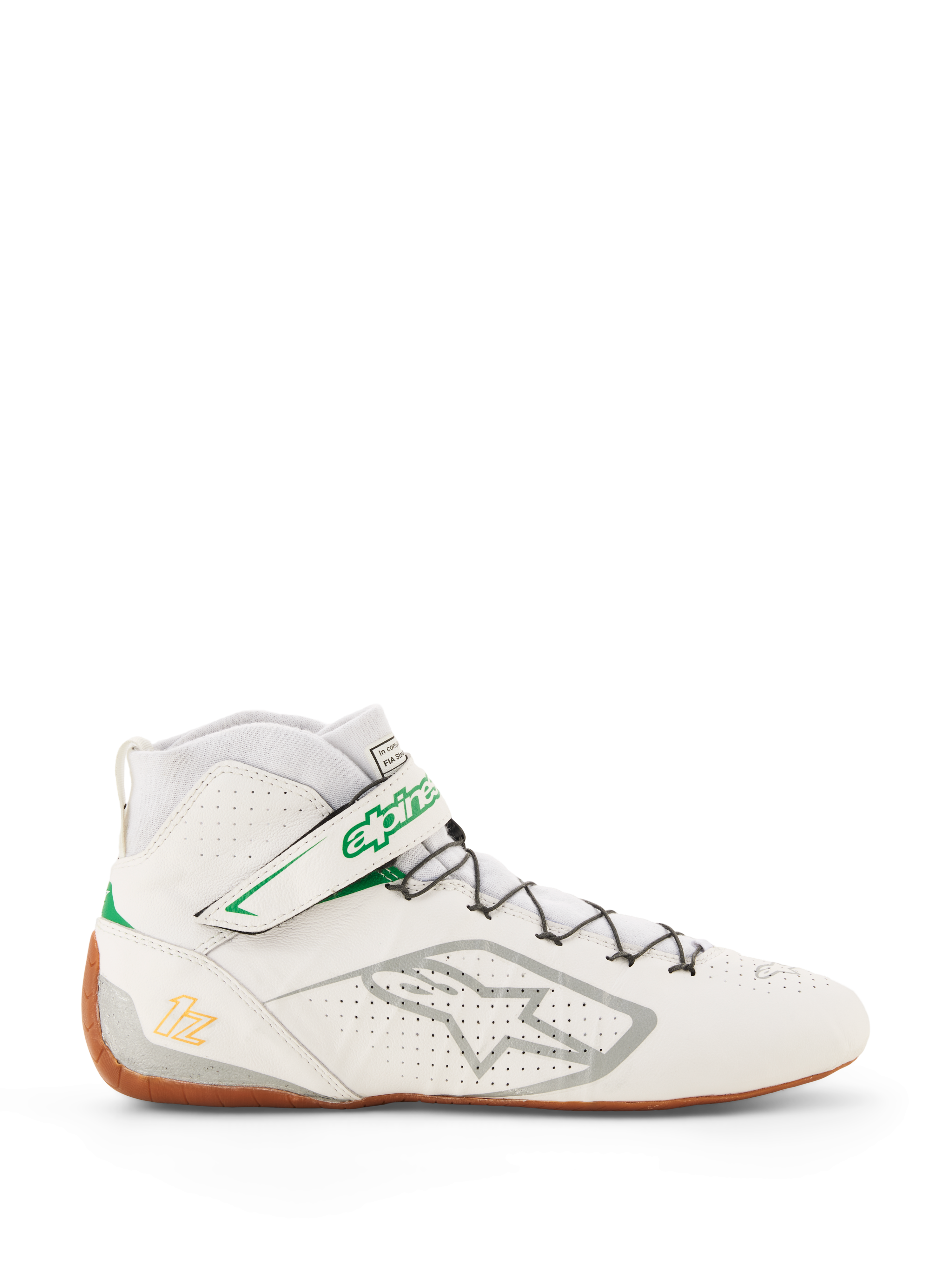 Alpinestars Tech-1 Z V3 Shoes FIA, zapatillas de karting y automovilismo, blancas con acentos en verde y color goma, vista lateral con logotipo plateado de Alpinestars, parte superior de cuero perforado, silueta de caña alta con cordones rápidos, diseño profesional de automovilismo