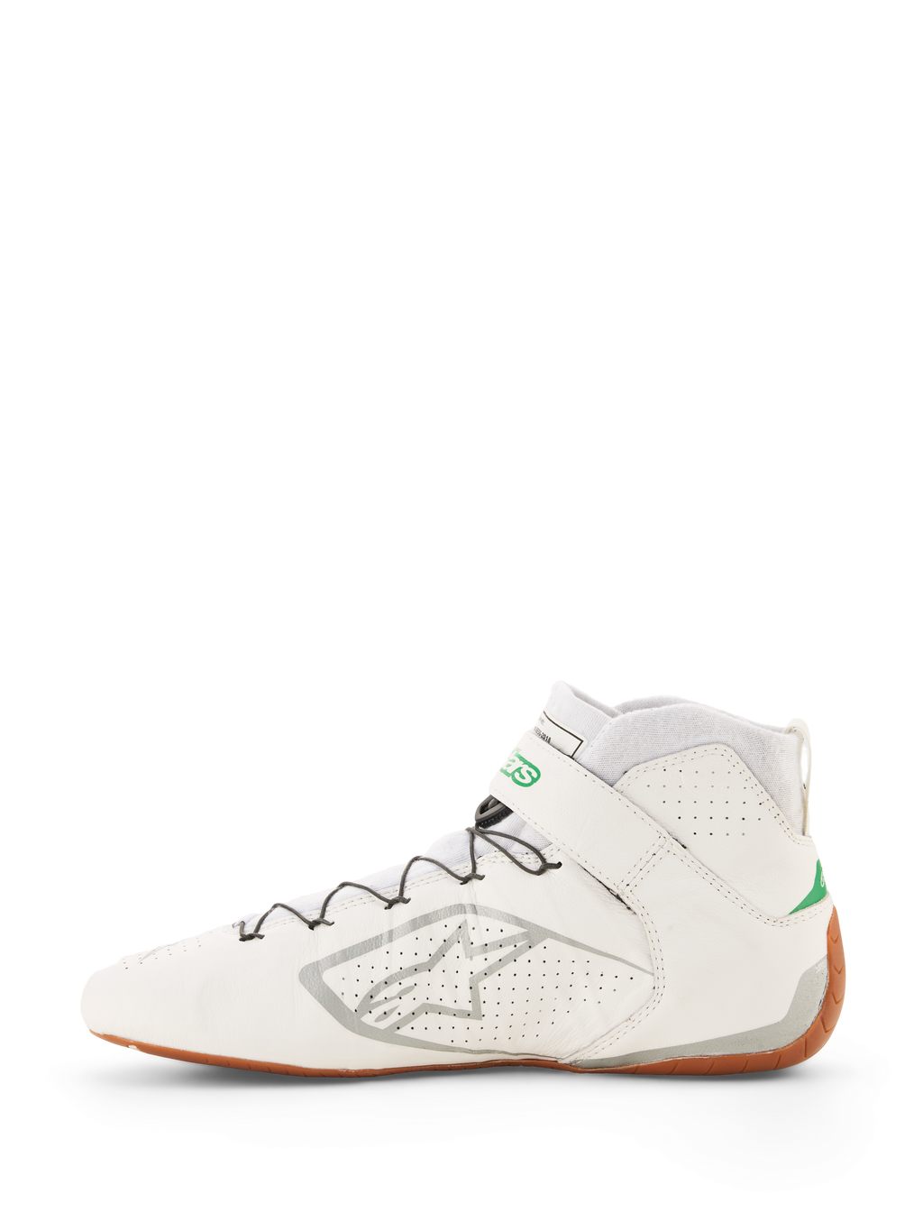 Alpinestars Tech-1 Z V3 Shoes FIA, zapatillas de carreras blancas con detalles en verde y plateado, suela de goma, diseño de caña alta con piel perforada, sistema de cordones rápidos con soporte de cable, logotipo plateado de Alpinestars en el lateral