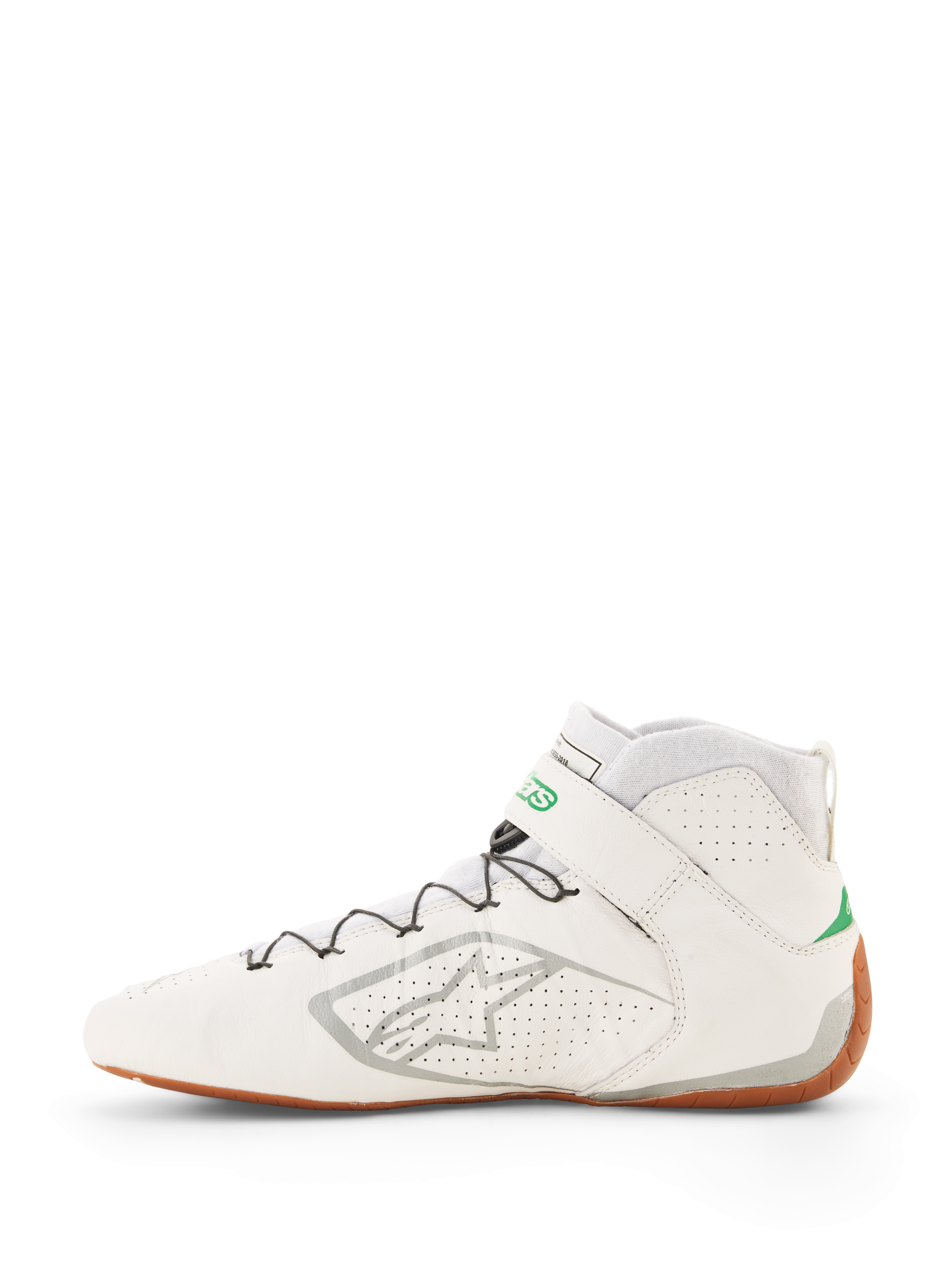 Alpinestars Tech-1 Z V3 Shoes FIA, zapatillas de carreras blancas con detalles en verde y plateado, suela de goma, diseño de caña alta con piel perforada, sistema de cordones rápidos con soporte de cable, logotipo plateado de Alpinestars en el lateral