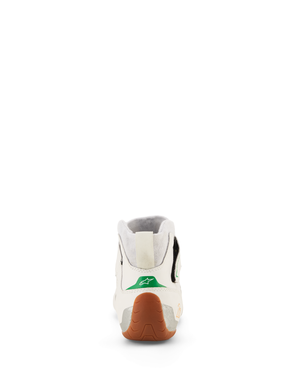 Alpinestars Tech-1 Z V3 Shoes FIA, zapatillas de karting y automovilismo, blanco, verde, goma y plata, vista trasera que muestra el detalle verde del talón con un logotipo de estrella blanca, suela de goma texturizada envolviendo el talón, paneles laterales plateados y cuello elástico de punto.