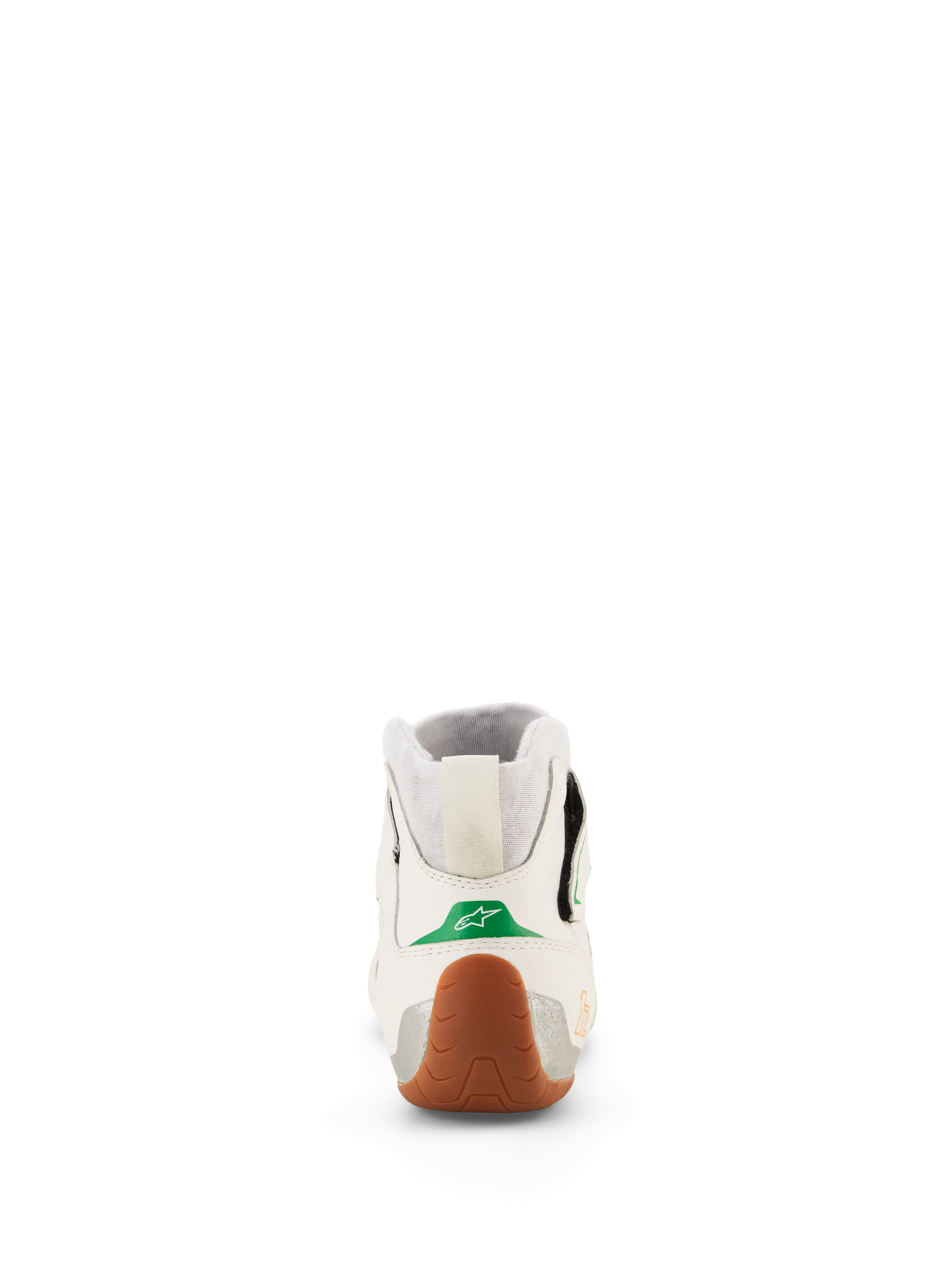 Alpinestars Tech-1 Z V3 Shoes FIA, zapatillas de karting y automovilismo, blanco, verde, goma y plata, vista trasera que muestra el detalle verde del talón con un logotipo de estrella blanca, suela de goma texturizada envolviendo el talón, paneles laterales plateados y cuello elástico de punto.