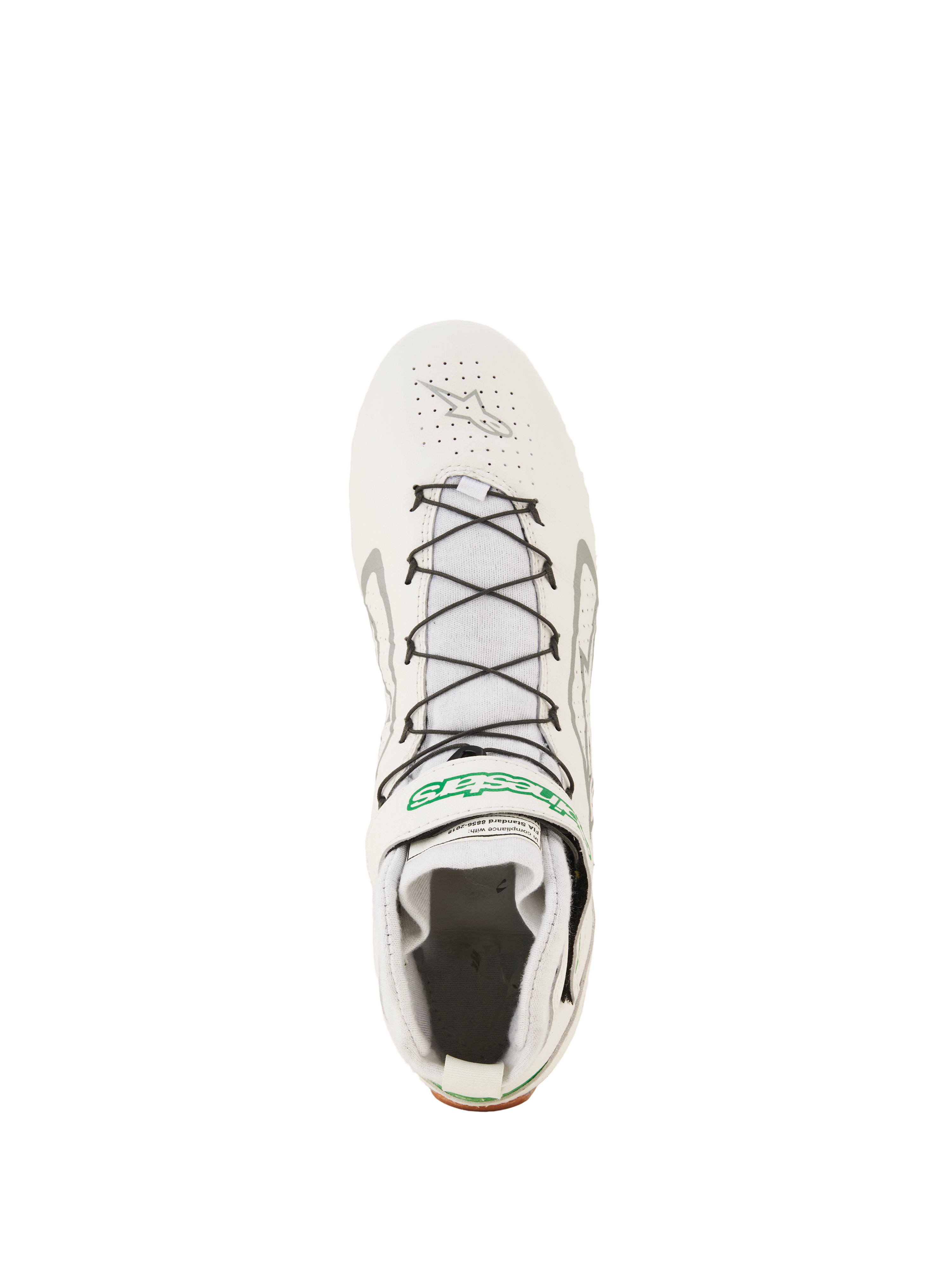 Alpinestars Tech-1 Z V3 Shoes FIA, calzado profesional para automovilismo, blanco, verde y plateado, vista superior con cordones rápidos negros con soporte de alambre, parte superior de cuero perforado y marca Alpinestars verde en la correa