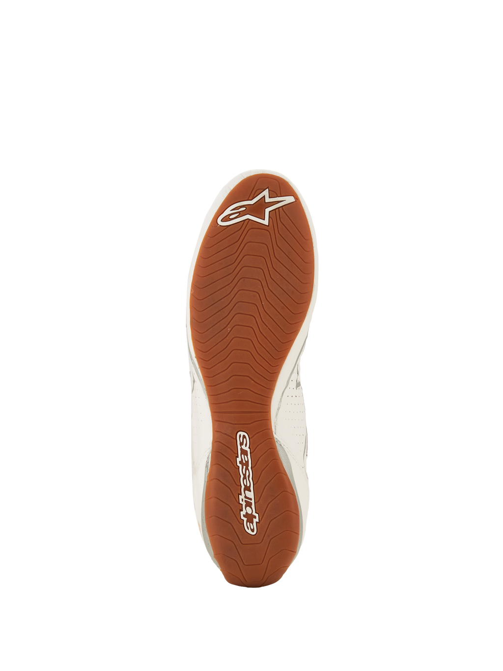 Zapatillas Alpinestars Tech-1 Z V3 FIA, calzado de automovilismo, blanco, verde, goma y plata, vista inferior de la suela de goma texturizada, patrón de dibujo asimétrico con logotipos de Alpinestars en blanco en la puntera y el talón