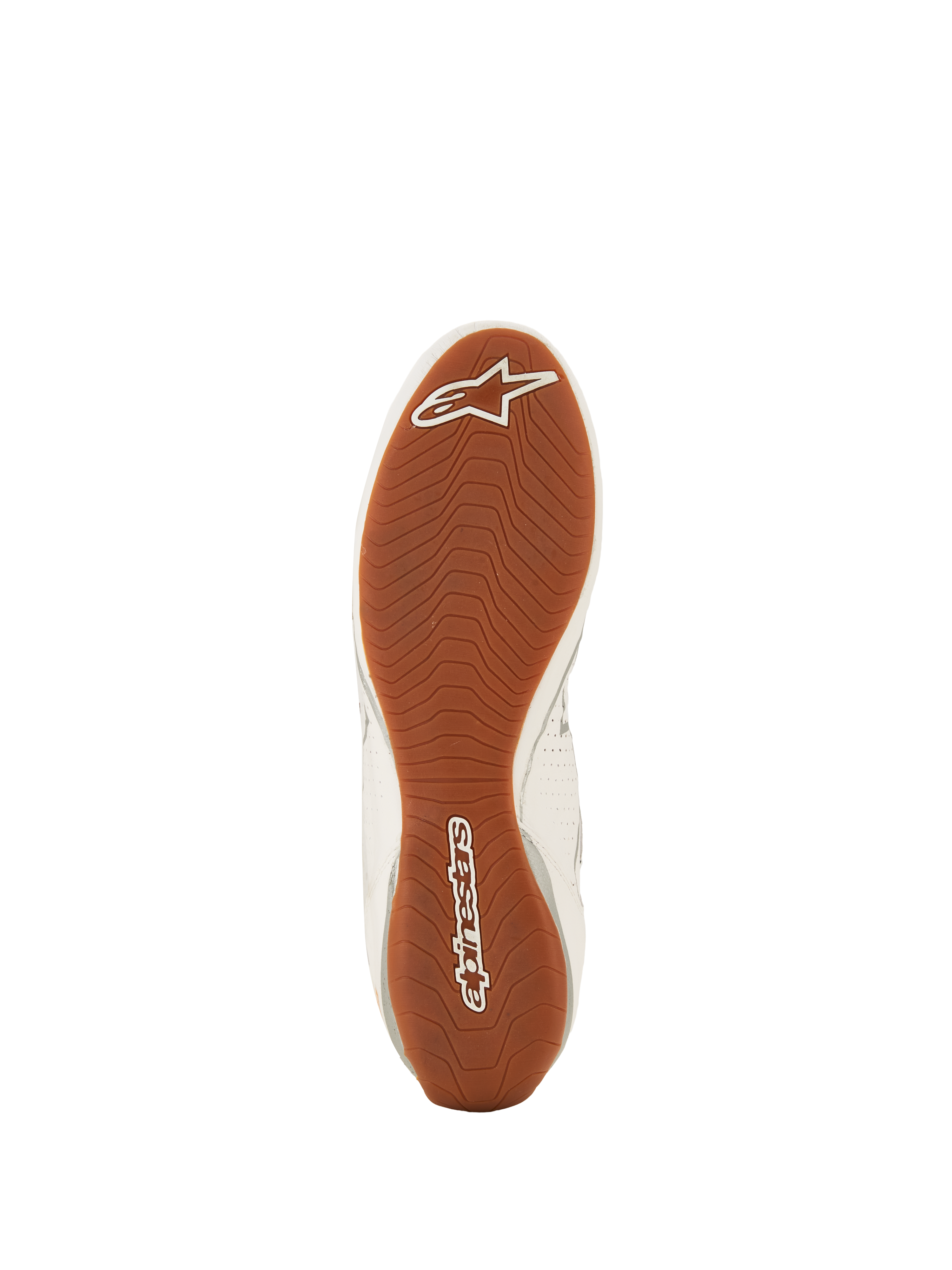 Zapatillas Alpinestars Tech-1 Z V3 FIA, calzado de automovilismo, blanco, verde, goma y plata, vista inferior de la suela de goma texturizada, patrón de dibujo asimétrico con logotipos de Alpinestars en blanco en la puntera y el talón