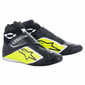 Alpinestars Supermono V2 Shoes FIA, calzado para carreras de autos, negro, amarillo flúor y blanco, diseño hasta el tobillo con puño acanalado, construcción de cuero de una sola pieza perforada con logotipos de estrella, perfil aerodinámico elegante para automovilismo profesional