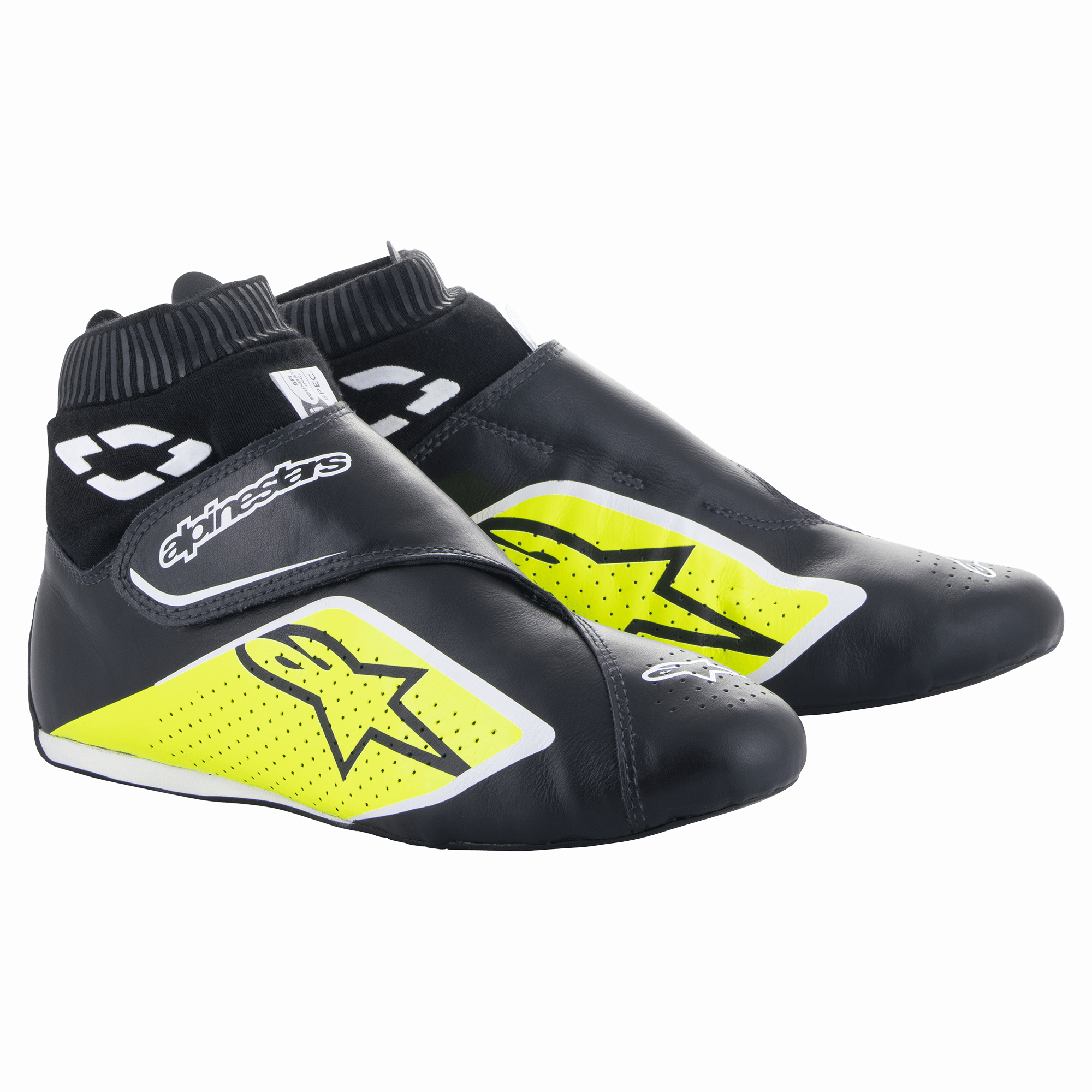 Alpinestars Supermono V2 Shoes FIA, calzado para carreras de autos, negro, amarillo flúor y blanco, diseño hasta el tobillo con puño acanalado, construcción de cuero de una sola pieza perforada con logotipos de estrella, perfil aerodinámico elegante para automovilismo profesional