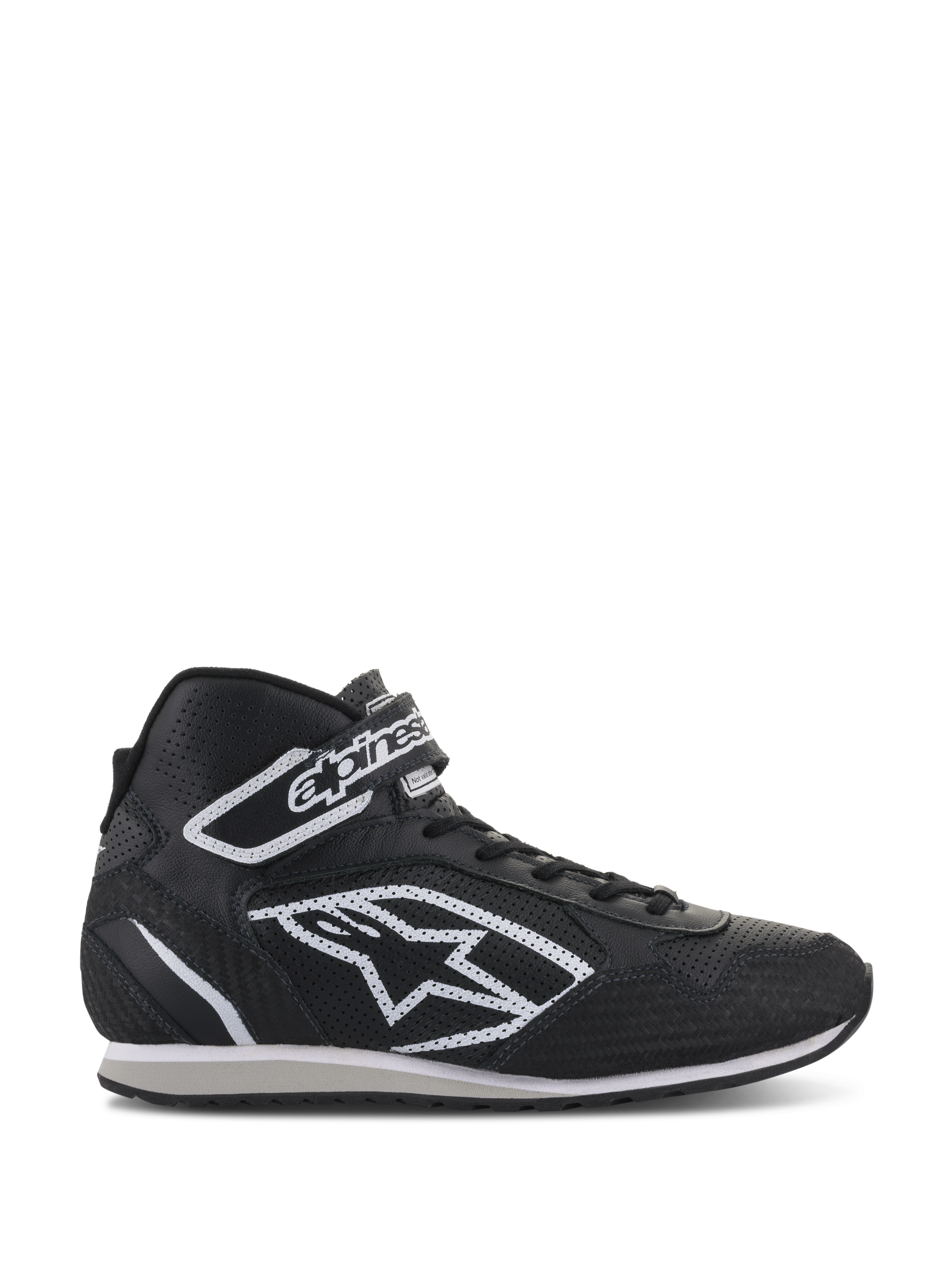 Alpinestars Radar Shoes, calzado profesional para equipos de boxes de automovilismo, negro y blanco, parte superior de cuero perforado con logotipo de estrella blanca, diseño de caña alta con correa de velcro y cordones, estilo duradero inspirado en el motor
