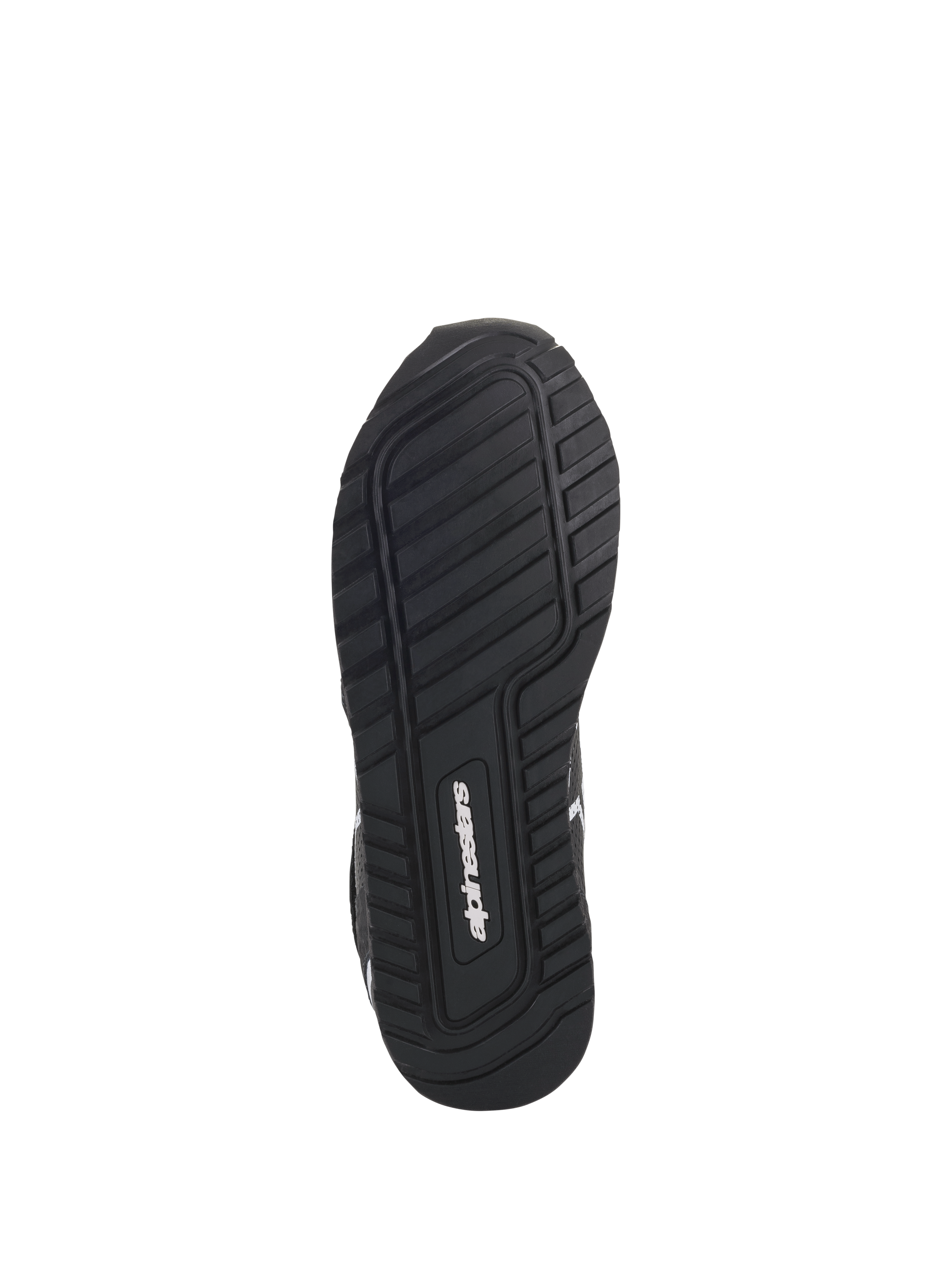 Zapatos Alpinestars Radar, Negro y Blanco, vista inferior que muestra la suela de compuesto de goma exclusiva con patrón de dibujo texturizado para mayor agarre y estabilidad, con el logotipo de Alpinestars en el centro.