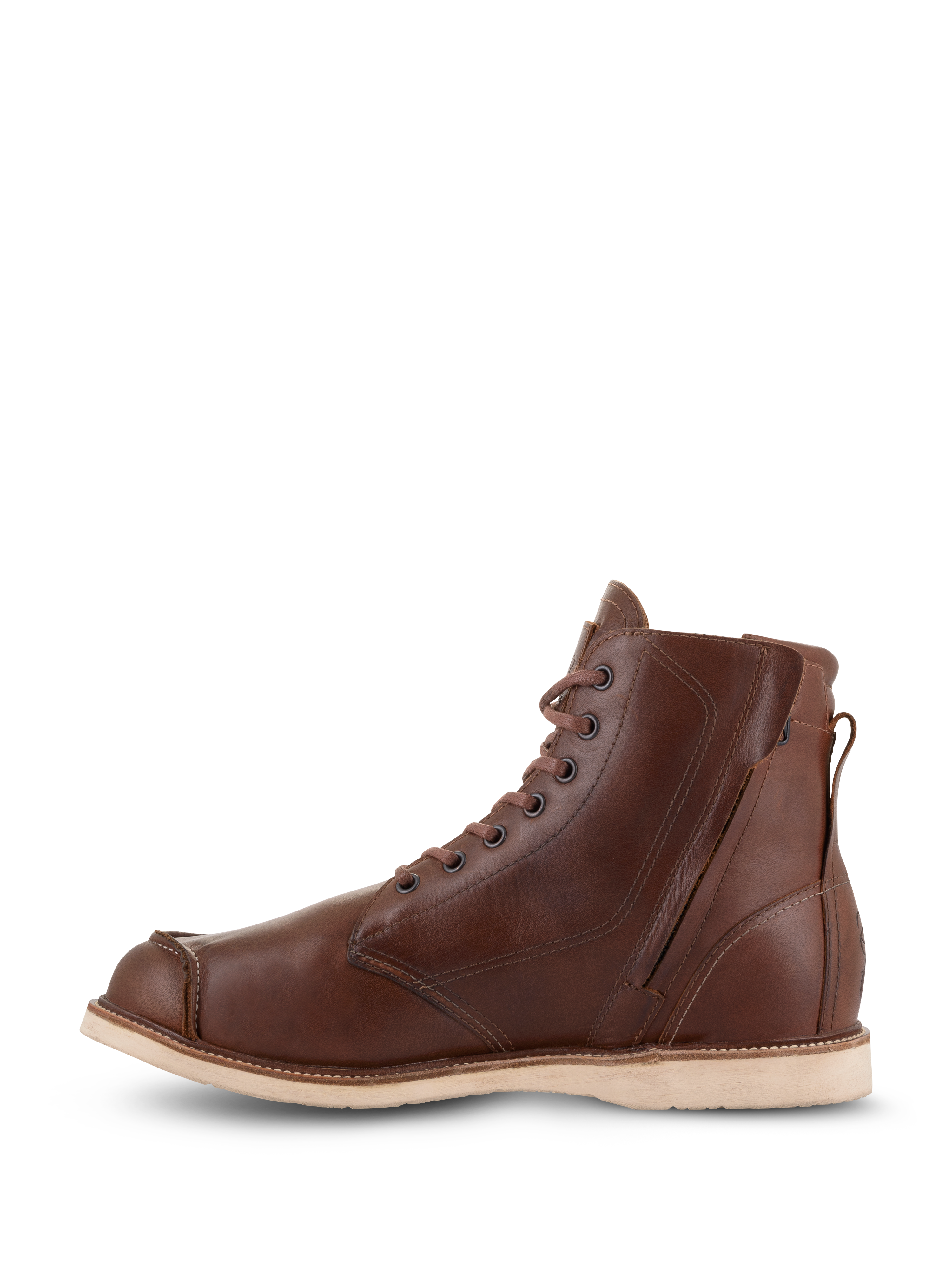 Alpinestars Oscar Monty V2 Shoes, zapatos de cuero marrón para moto, vista lateral medial con cremallera lateral y cordones, diseño de punta moc con suela de cuña de color claro, calzado protector de inspiración clásica