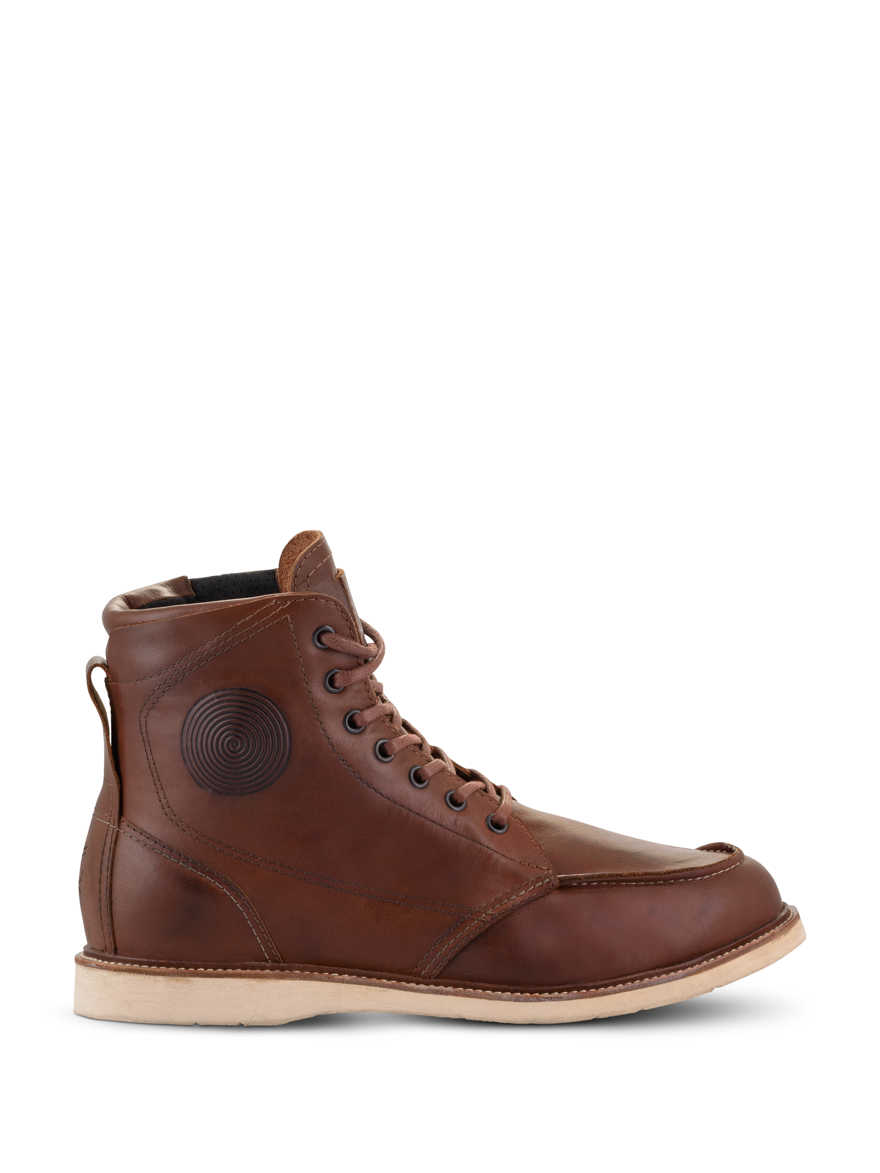 Alpinestars Oscar Monty V2 Shoes, Brown Leather Motorcycle Boots, White Wedge Sole, Moc Toe, Circular Embossed Ankle Detail, Heritage Urban Riding Footwear