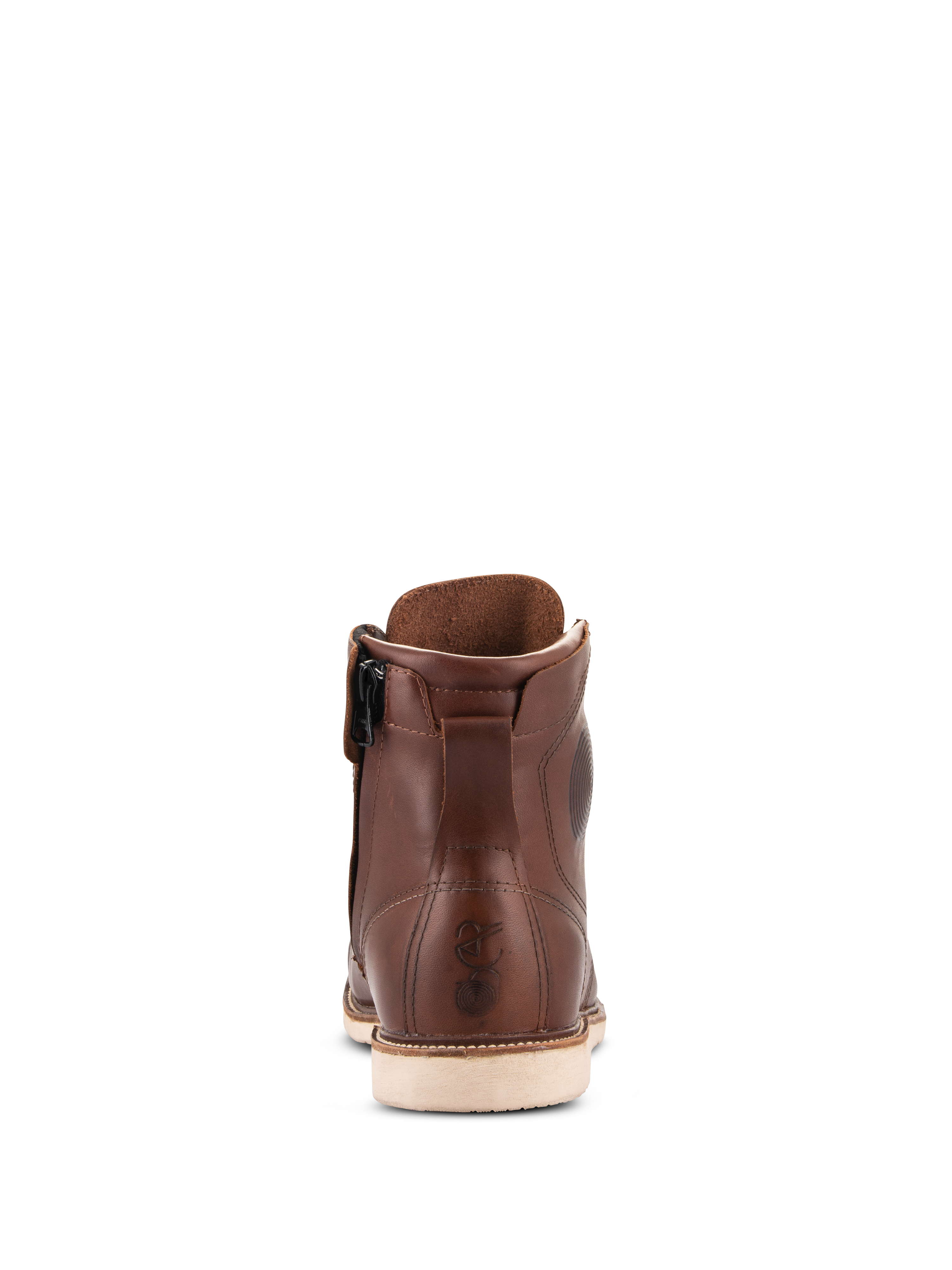 Zapatos Alpinestars Oscar Monty V2, zapato de cuero marrón para motociclismo, vista trasera con suela de cuña blanca y cremallera medial, logotipo Oscar grabado en el talón, diseño de calzado urbano de inspiración clásica