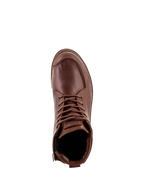 Alpinestars Oscar Monty V2 Shoes, zapatos de motociclismo marrones, vista cenital que muestra la construcción en cuero de grano completo, costura de puntera moc y cordones marrones, calzado urbano de estilo clásico
