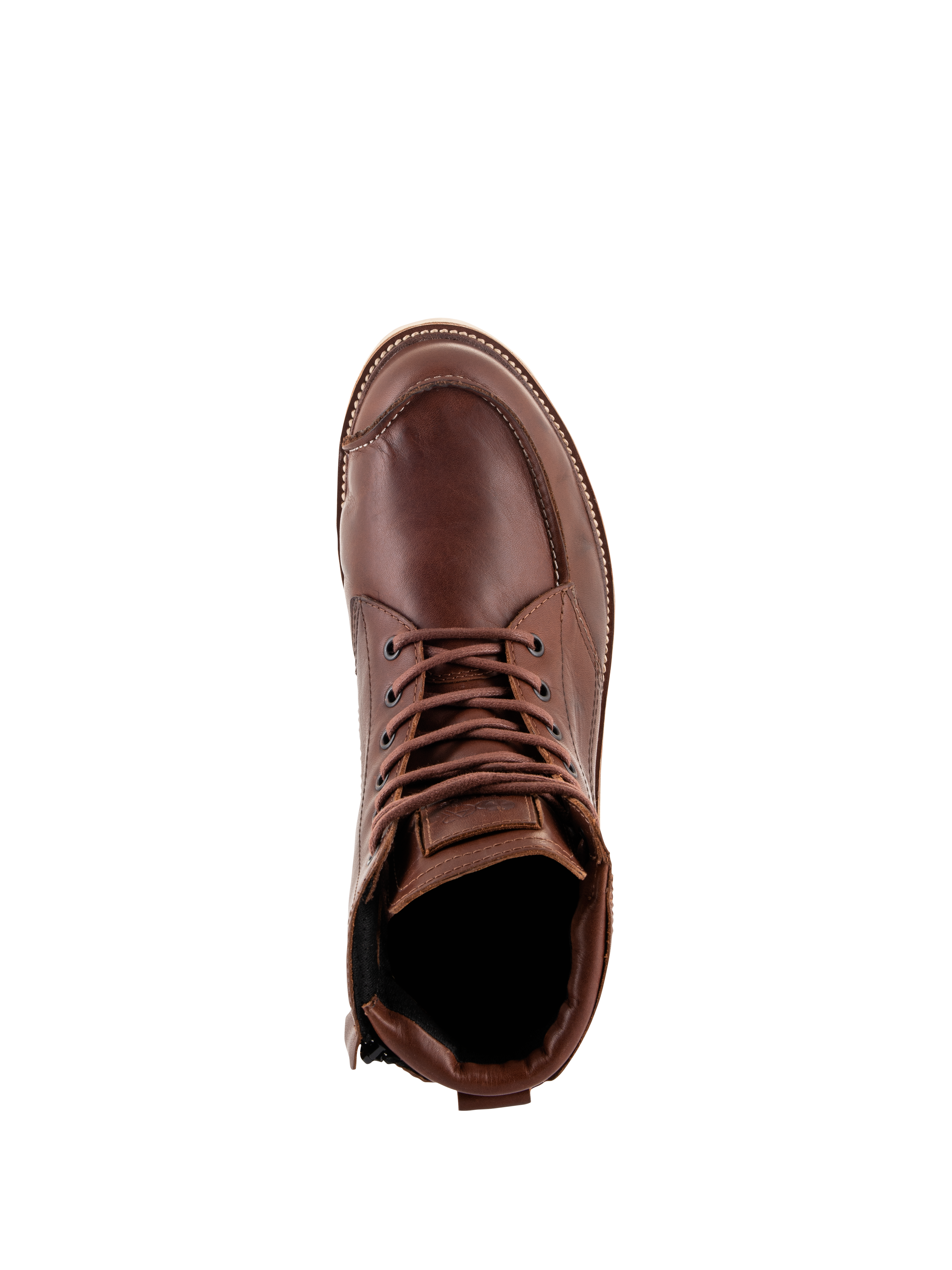 Alpinestars Oscar Monty V2 Shoes, zapatos de motociclismo marrones, vista cenital que muestra la construcción en cuero de grano completo, costura de puntera moc y cordones marrones, calzado urbano de estilo clásico