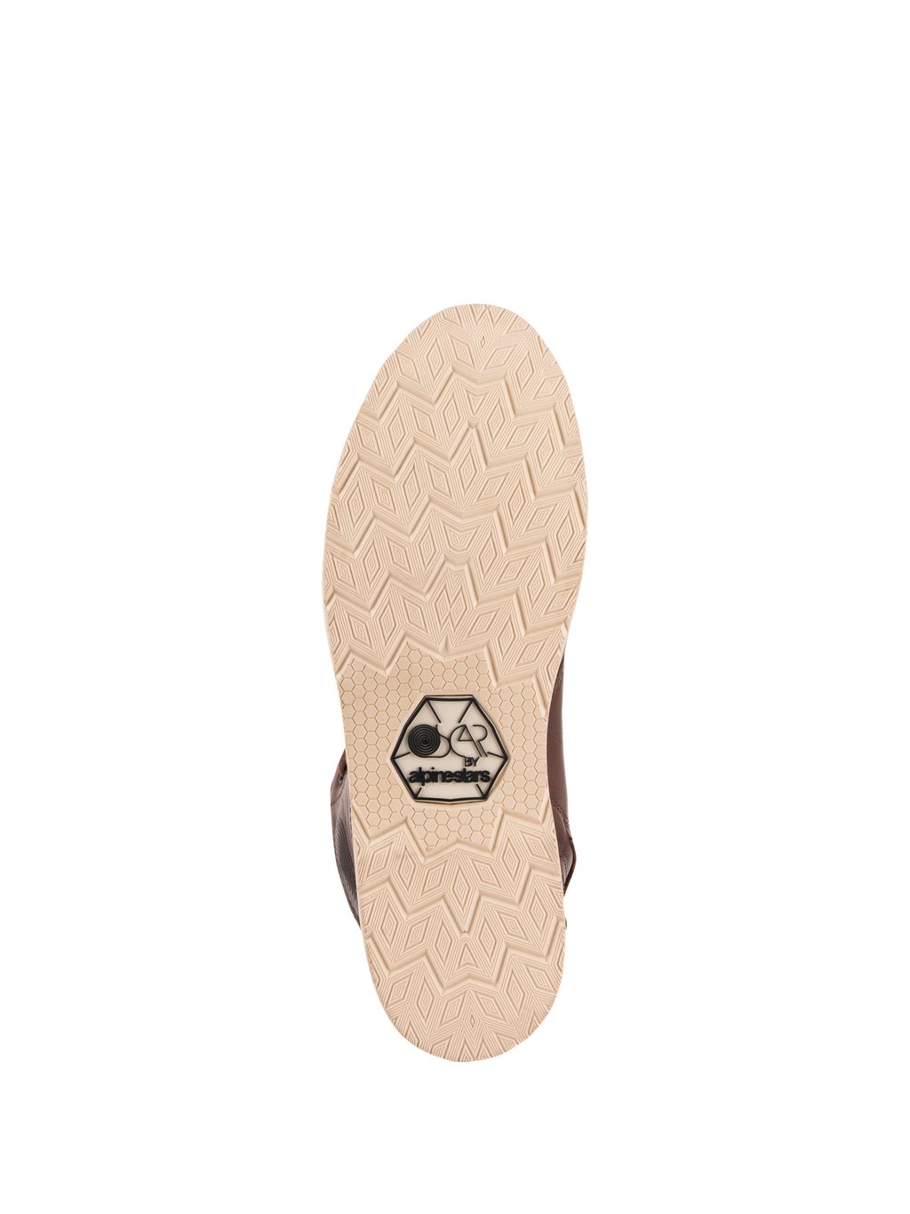 Zapatos Alpinestars Oscar Monty V2, vista de la suela, suela de cuña en beige claro con patrón de rodadura geométrico de diamantes, con el logotipo negro OSCAR by Alpinestars, calzado urbano para motociclismo en cuero marrón