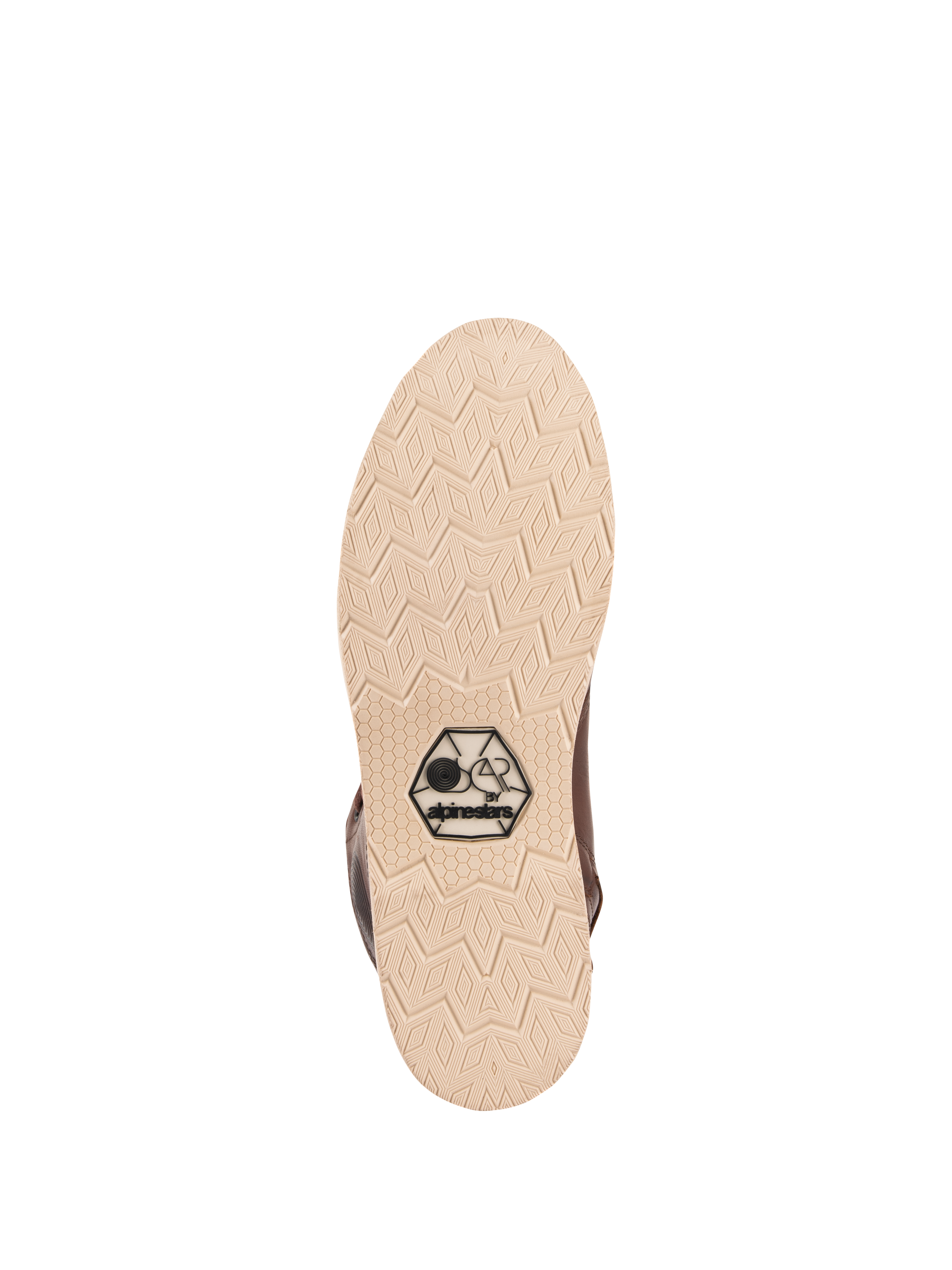 Zapatos Alpinestars Oscar Monty V2, vista de la suela, suela de cuña en beige claro con patrón de rodadura geométrico de diamantes, con el logotipo negro OSCAR by Alpinestars, calzado urbano para motociclismo en cuero marrón