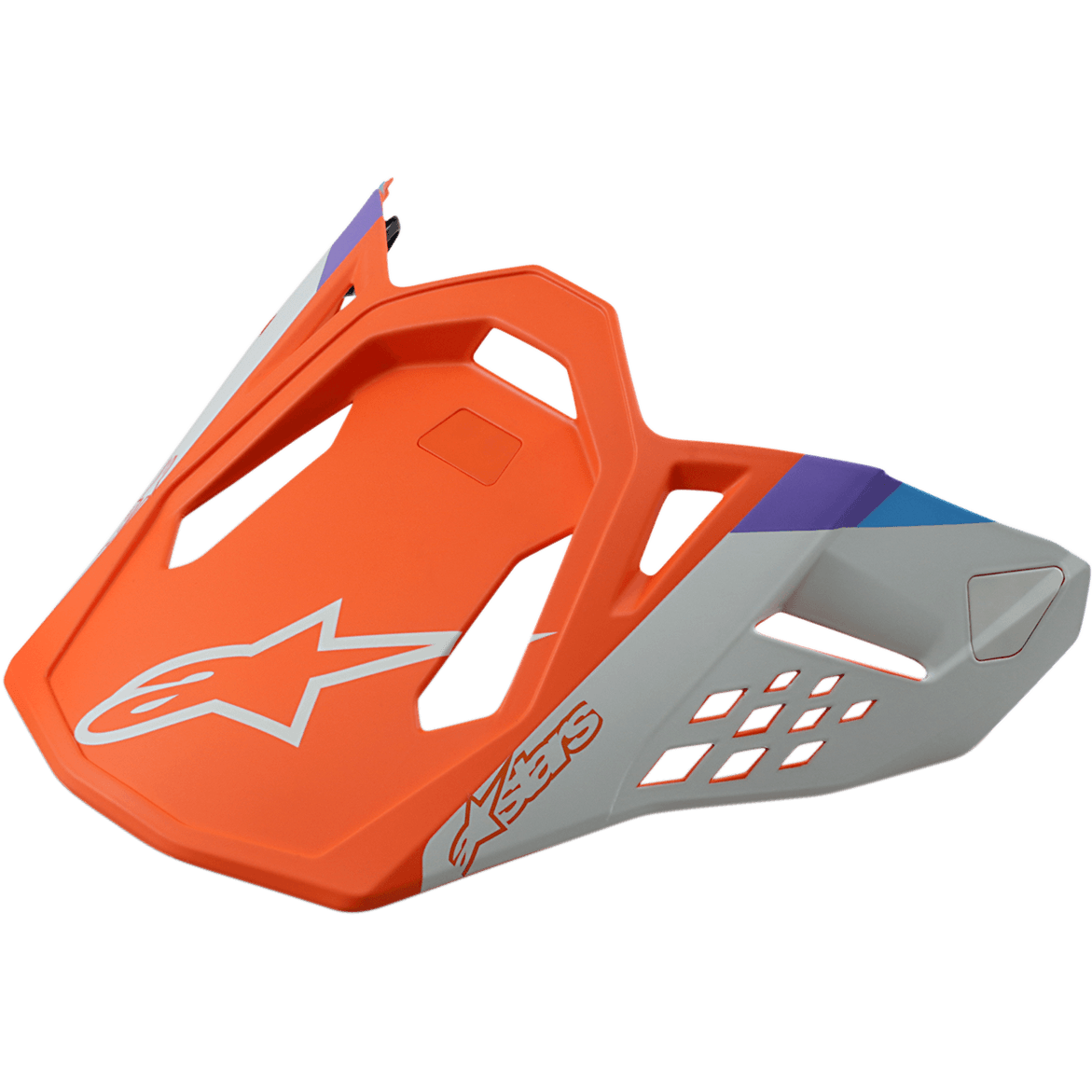 Visera de casco Alpinestars S-M8 Contact, visera de repuesto para casco de motocross, naranja mate y gris con acentos en azul y púrpura, diseño angular con aberturas de ventilación, con el logotipo de la estrella blanca y las letras Astars