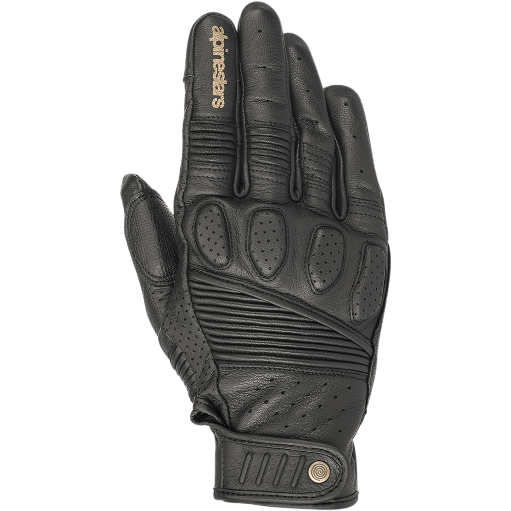 Guantes Alpinestars Crazy Eight, guantes de moto de cuero negro, con paneles elásticos de tipo acordeón en los dedos y el dorso, acolchado perforado en los nudillos, logo Alpinestars color canela en el dedo índice y correa de muñeca ajustable con cierre de velcro y detalle de logo circular