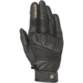 Guantes Alpinestars Crazy Eight, guantes de moto de cuero negro, con paneles elásticos de tipo acordeón en los dedos y el dorso, acolchado perforado en los nudillos, logo Alpinestars color canela en el dedo índice y correa de muñeca ajustable con cierre de velcro y detalle de logo circular