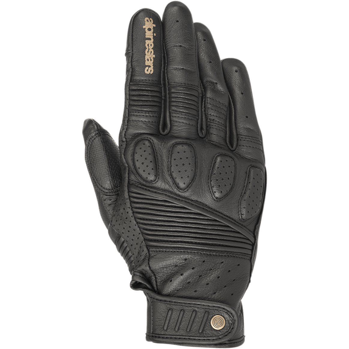 Guantes Alpinestars Crazy Eight, guantes de moto de cuero negro, con paneles elásticos de tipo acordeón en los dedos y el dorso, acolchado perforado en los nudillos, logo Alpinestars color canela en el dedo índice y correa de muñeca ajustable con cierre de velcro y detalle de logo circular