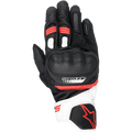 Guantes Alpinestars SP-5, guantes de carreras de moto, negros, blancos y rojos, con protección de nudillos en piel perforada, puño corto con detalles en blanco y rojo, logotipo de Alpinestars y diseño ergonómico de conducción deportiva