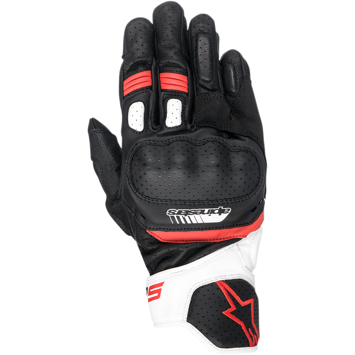 Guantes Alpinestars SP-5, guantes de carreras de moto, negros, blancos y rojos, con protección de nudillos en piel perforada, puño corto con detalles en blanco y rojo, logotipo de Alpinestars y diseño ergonómico de conducción deportiva