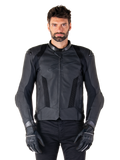 Alpinestars Missile V3 Airflow Leather Jacket, Black, Motorcycle Racing Jacket, worn by a model with black gloves and pants, featuring perforated leather panels, mesh ventilation, and external shoulder protectors, premium leather construction for sport riding.
