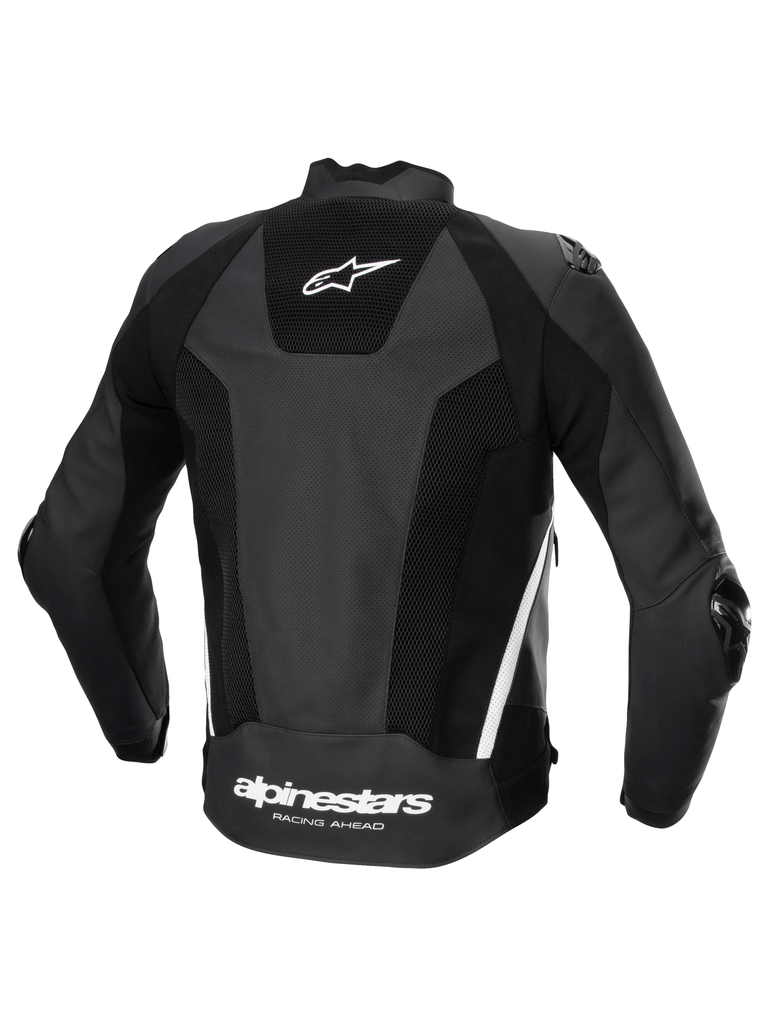 Alpinestars Missile V3 Airflow Leather Jacket, men's motorcycle racing jacket, back view, black and white, premium perforated leather with stretch panels and rear logo branding