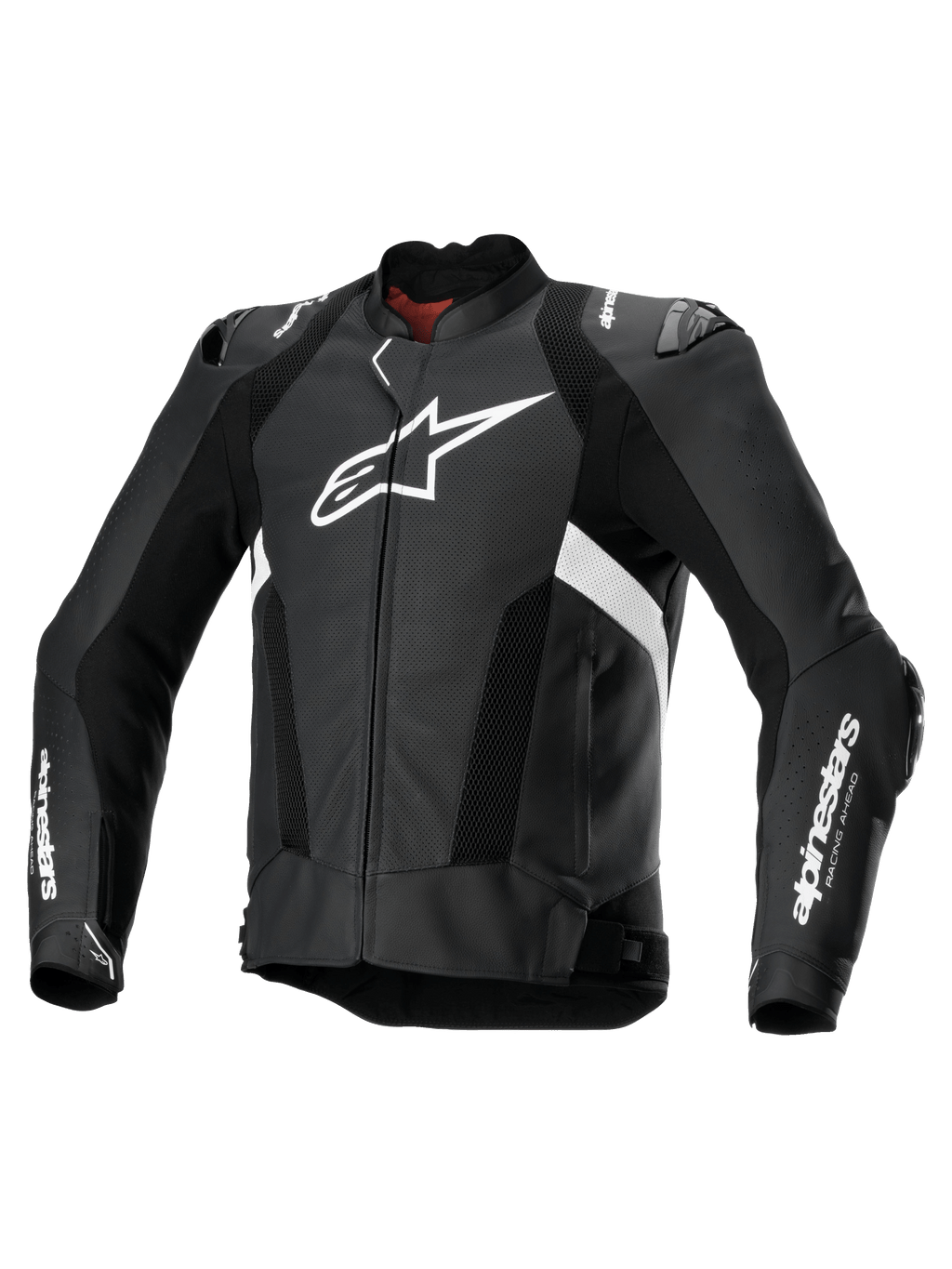 Alpinestars Missile V3 Airflow Leather Jacket, men's perforated racing sport motorcycle jacket in black and white, premium bovine leather with shoulder and elbow armor and Tech-Air compatibility