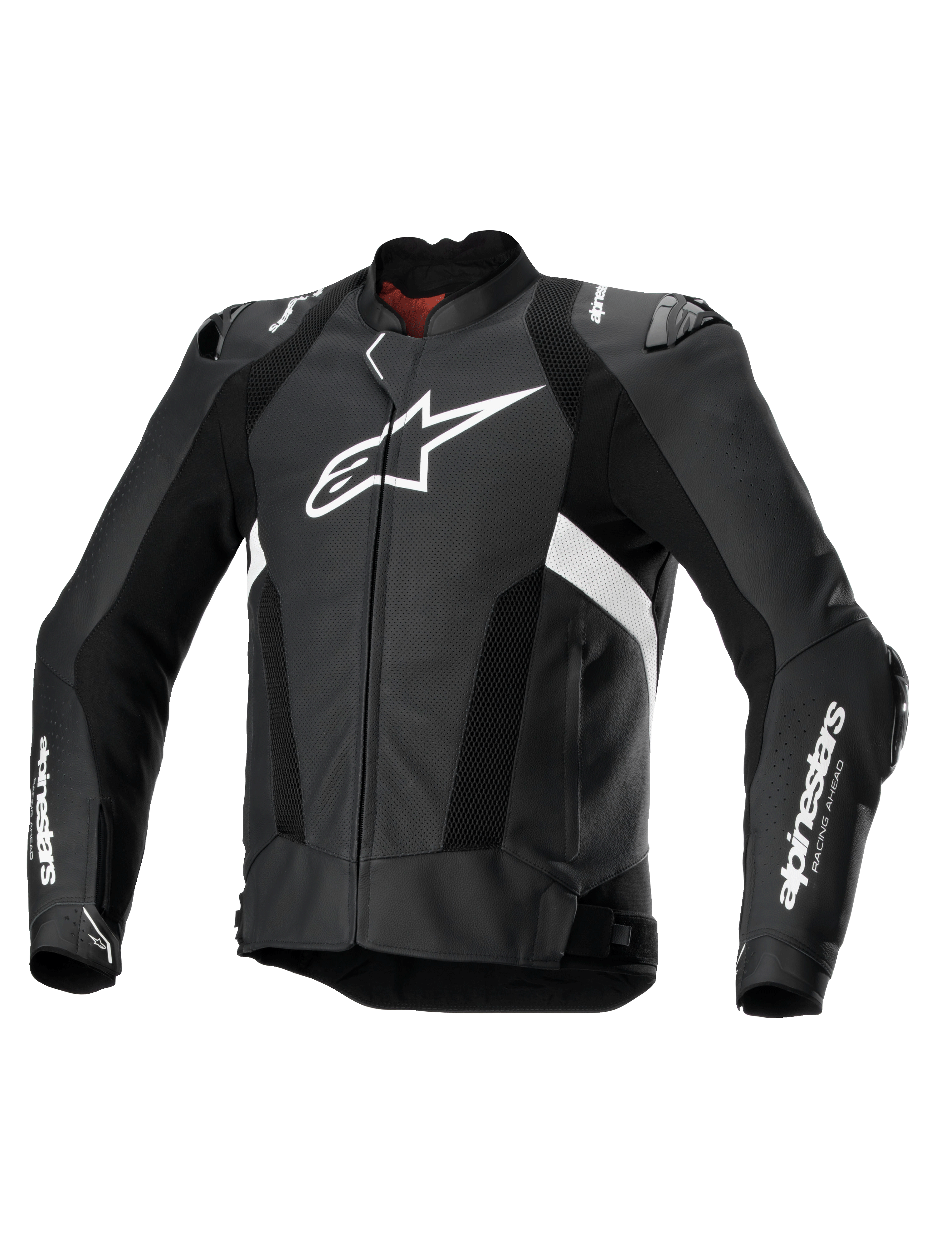 Alpinestars Missile V3 Airflow Leather Jacket, men's perforated racing sport motorcycle jacket in black and white, premium bovine leather with shoulder and elbow armor and Tech-Air compatibility