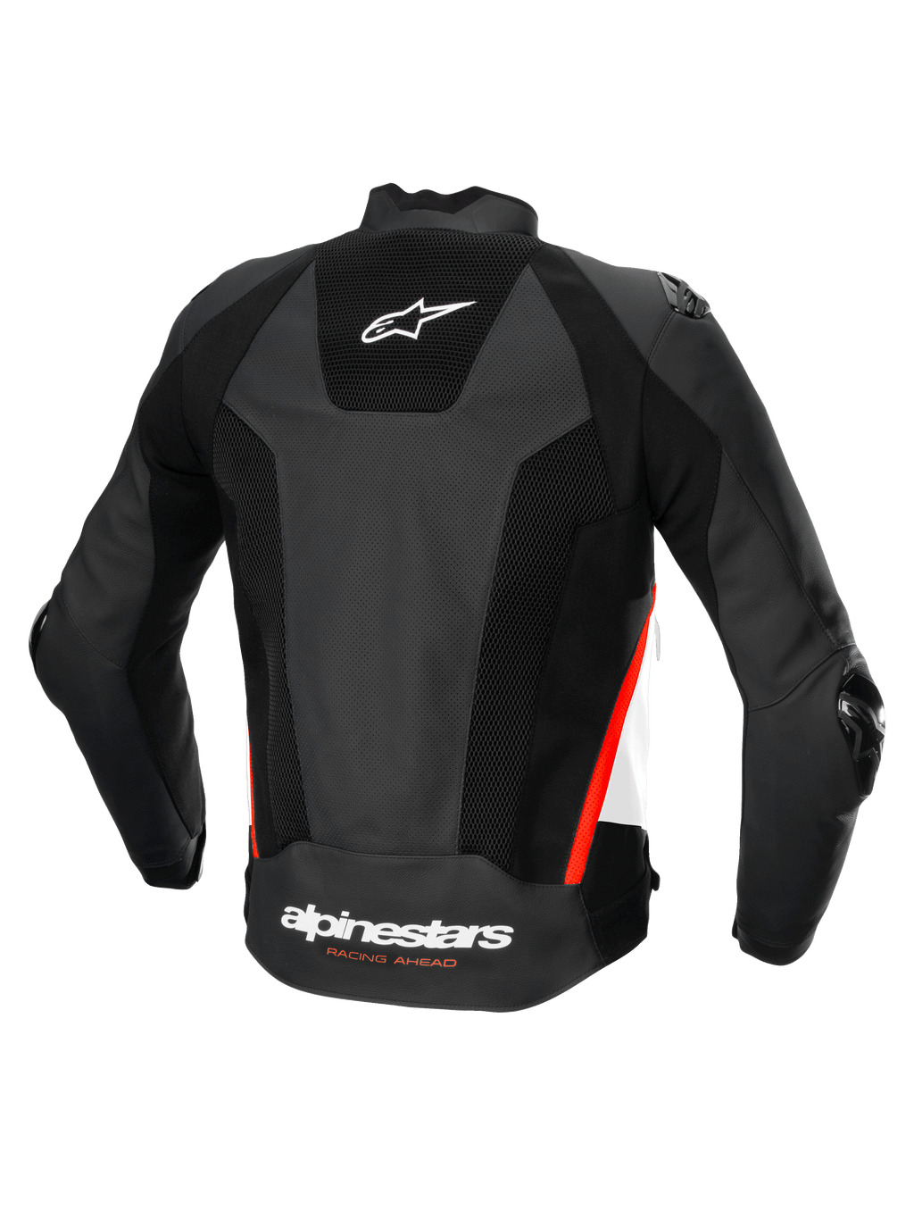 Alpinestars Chaqueta De Cuero Missile V3 Airflow, chaqueta de moto deportiva y de carreras de cuero perforado, vista trasera, negra con detalles en blanco y rojo fluo, con protección certificada CE