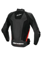 Alpinestars Chaqueta De Cuero Missile V3 Airflow, chaqueta de moto deportiva y de carreras de cuero perforado, vista trasera, negra con detalles en blanco y rojo fluo, con protección certificada CE