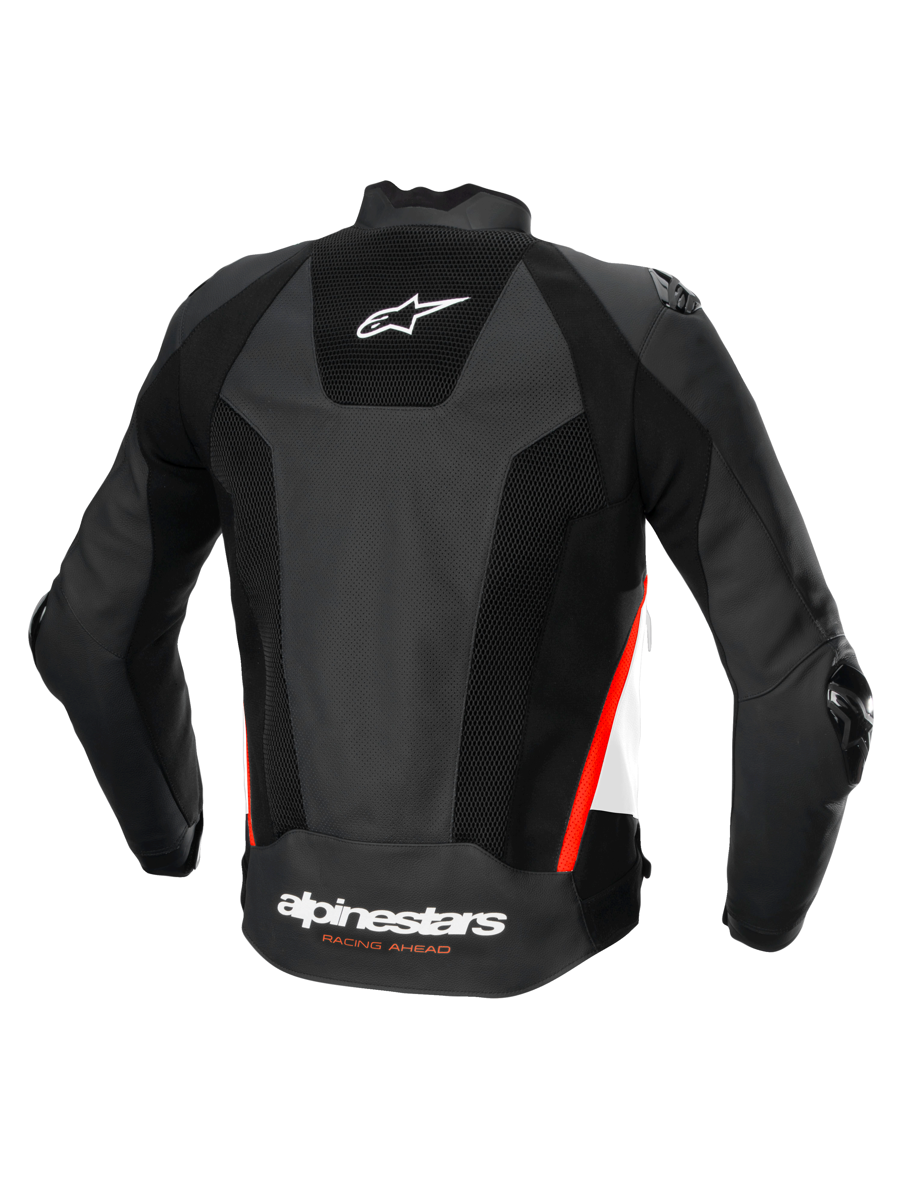 Alpinestars Chaqueta De Cuero Missile V3 Airflow, chaqueta de moto deportiva y de carreras de cuero perforado, vista trasera, negra con detalles en blanco y rojo fluo, con protección certificada CE