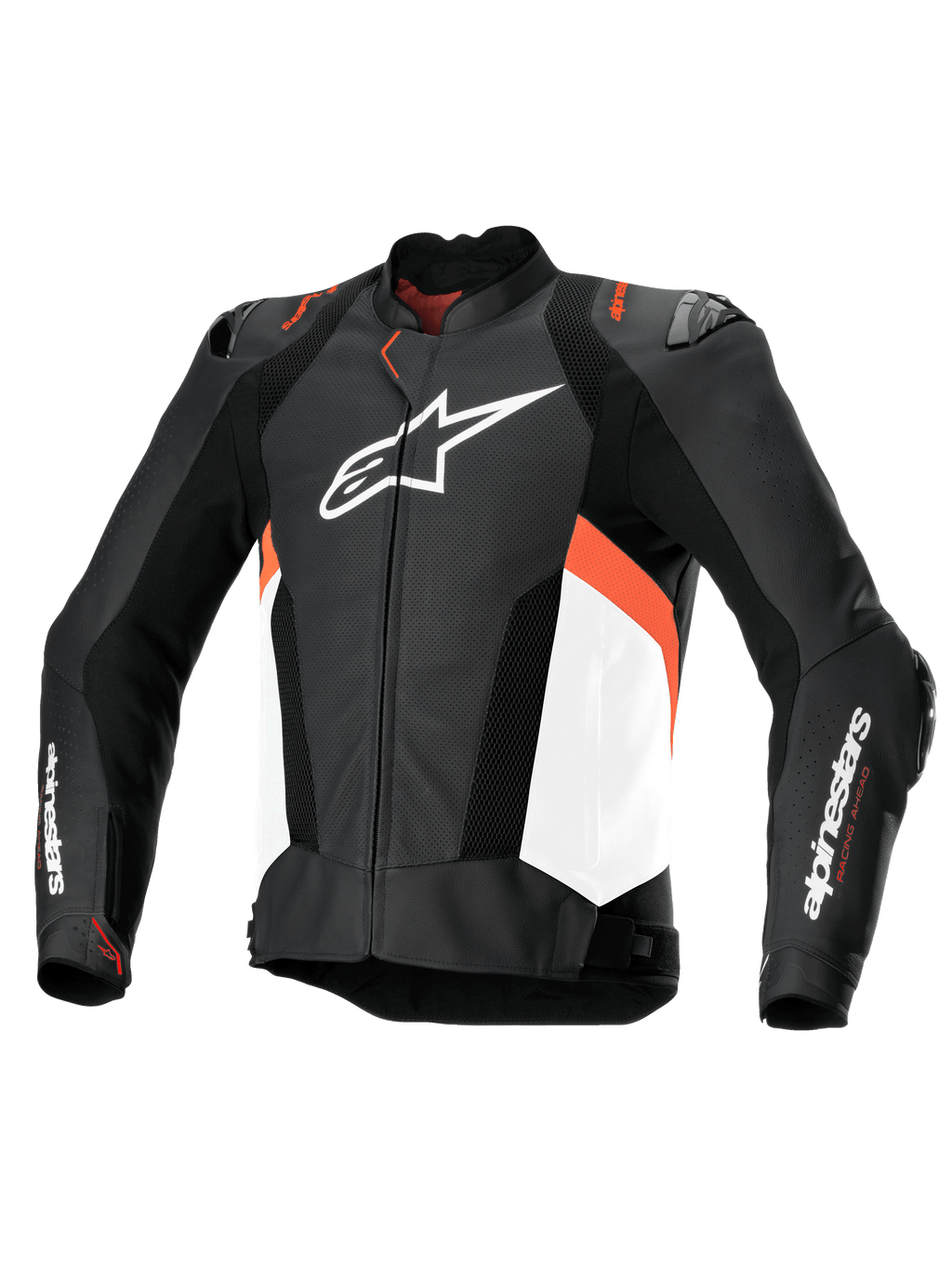 Alpinestars Chaqueta De Cuero Missile V3 Airflow, chaqueta de moto deportiva y de carreras para hombre, negra, blanca y rojo flúor, de cuero bovino perforado y certificada CE