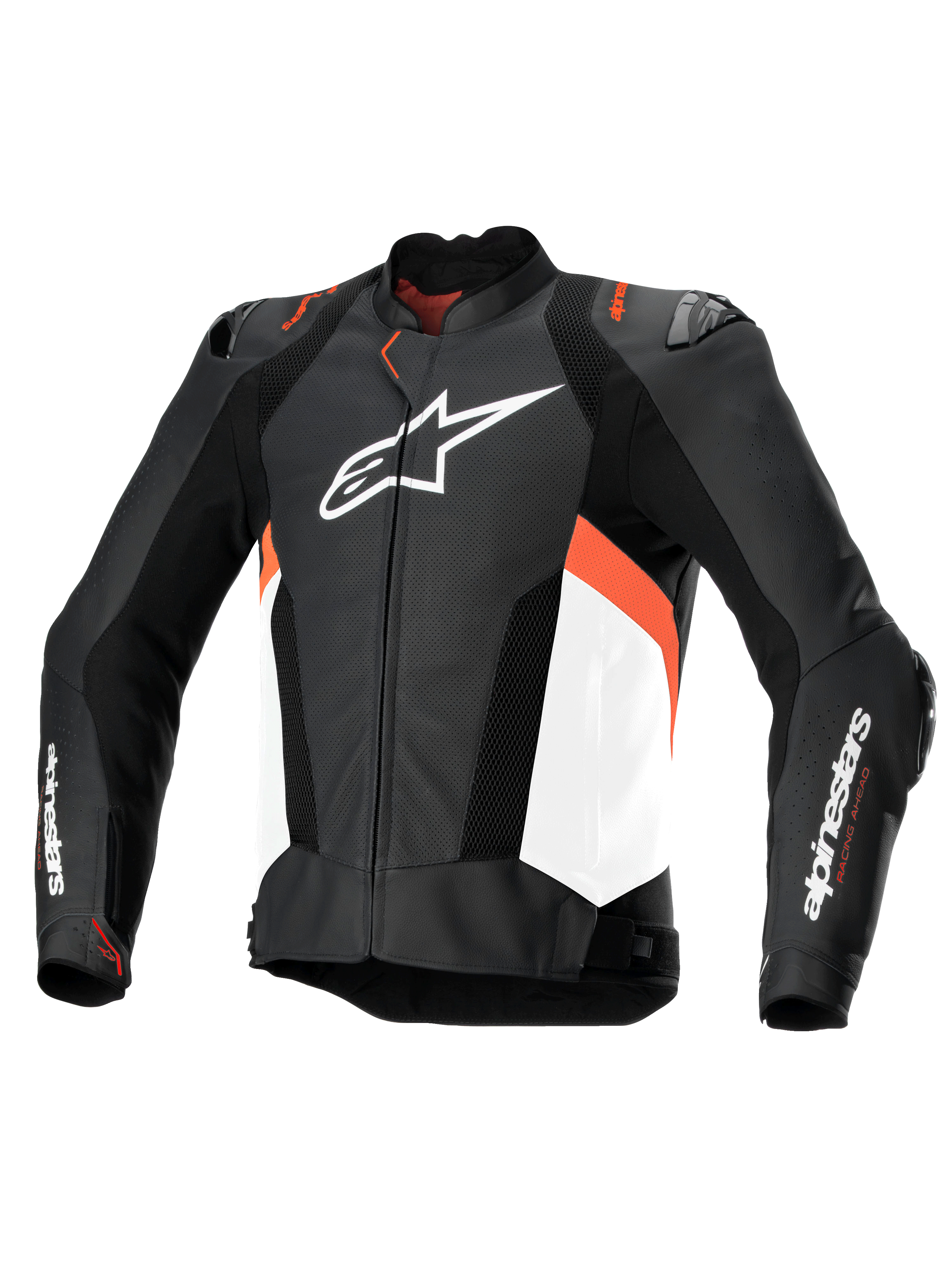 Alpinestars Chaqueta De Cuero Missile V3 Airflow, chaqueta de moto deportiva y de carreras para hombre, negra, blanca y rojo flúor, de cuero bovino perforado y certificada CE