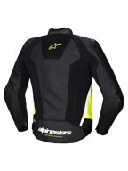Alpinestars Missile V3 Airflow Leather Jacket, men's racing motorcycle jacket, back view showing black, yellow fluo, and white colorway with perforated leather and stretch panels, CE certified AA class