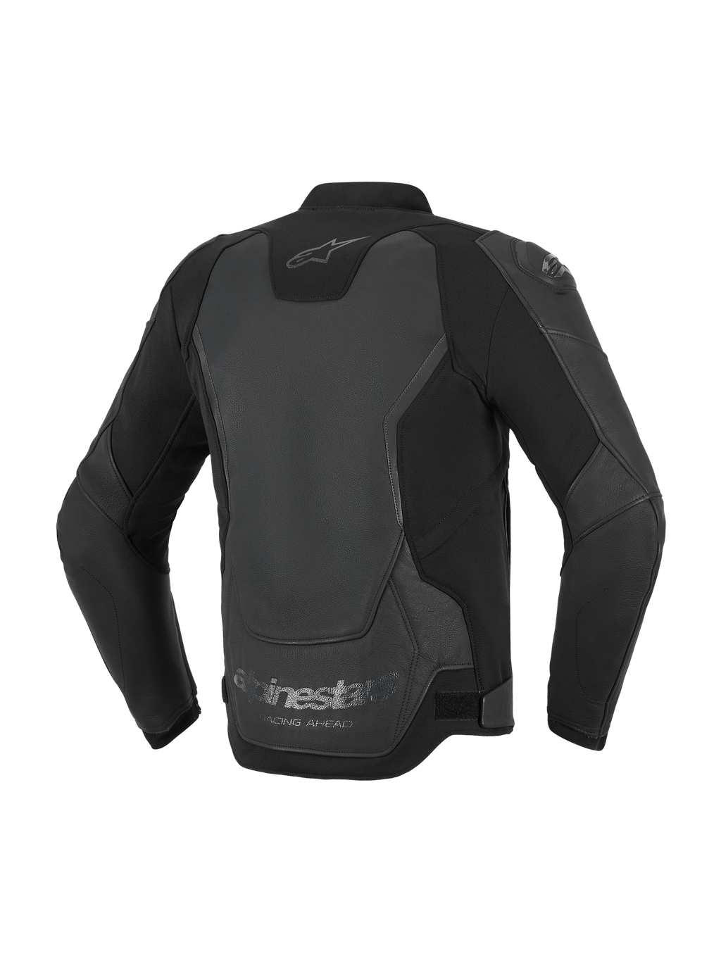 Chaqueta de cuero Alpinestars GP Force V2, chaqueta de moto, negro, vista posterior que destaca la construcción multipanel de cuero y tejido, con el logotipo de Alpinestars en el cuello y la marca 'Racing Ahead' en el dobladillo inferior.