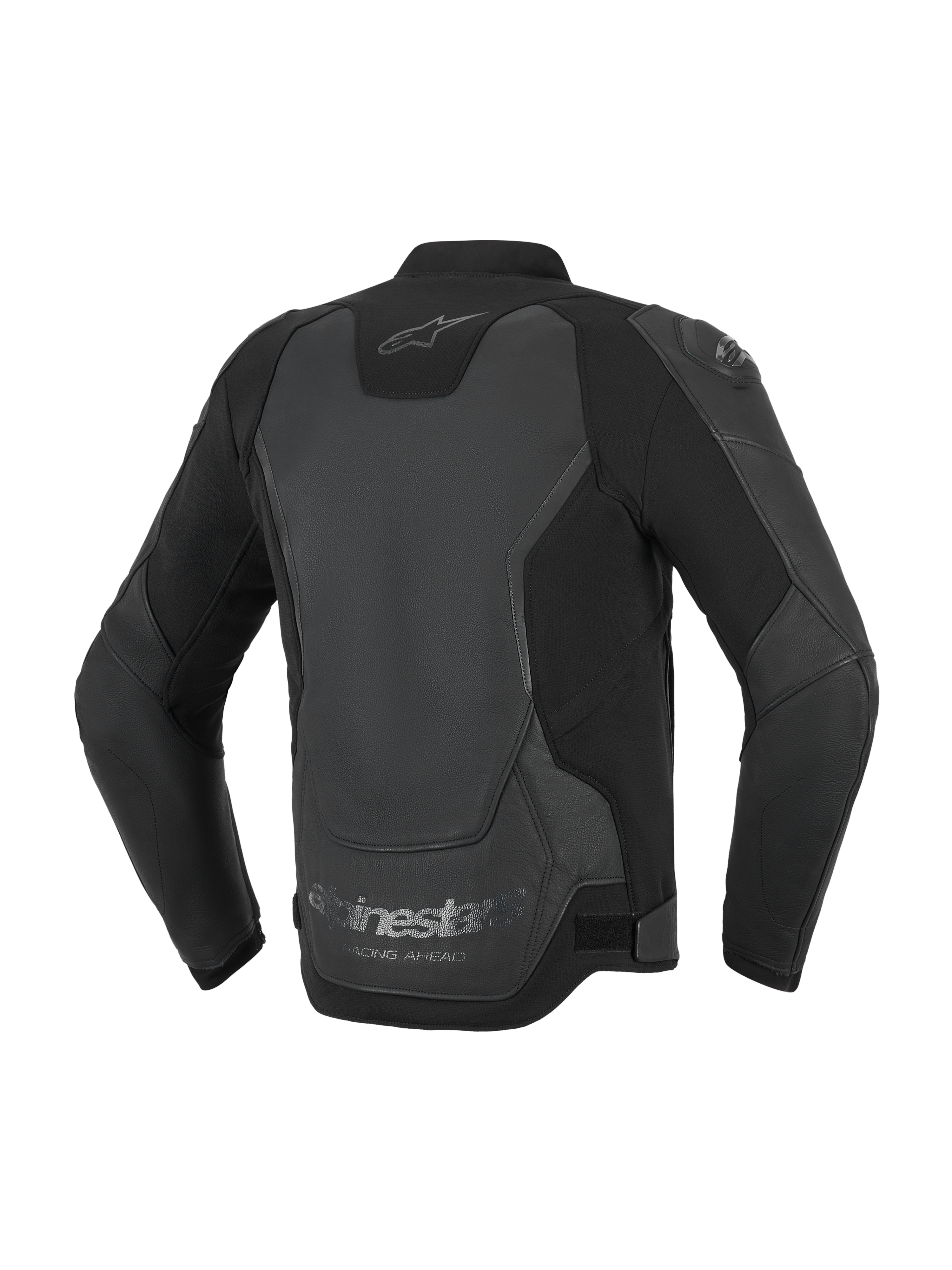 Chaqueta de cuero Alpinestars GP Force V2, chaqueta de moto, negro, vista posterior que destaca la construcción multipanel de cuero y tejido, con el logotipo de Alpinestars en el cuello y la marca 'Racing Ahead' en el dobladillo inferior.