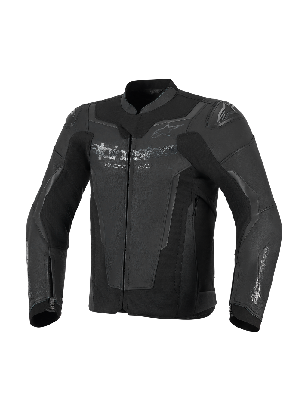 Chaqueta de cuero Alpinestars GP Force V2, negra, construcción de cuero bovino premium con paneles de alta elasticidad, con protectores de hombros GP Lite Evo DFS integrados y logotipos de Alpinestars en el pecho y las mangas, equipamiento deportivo para motociclismo