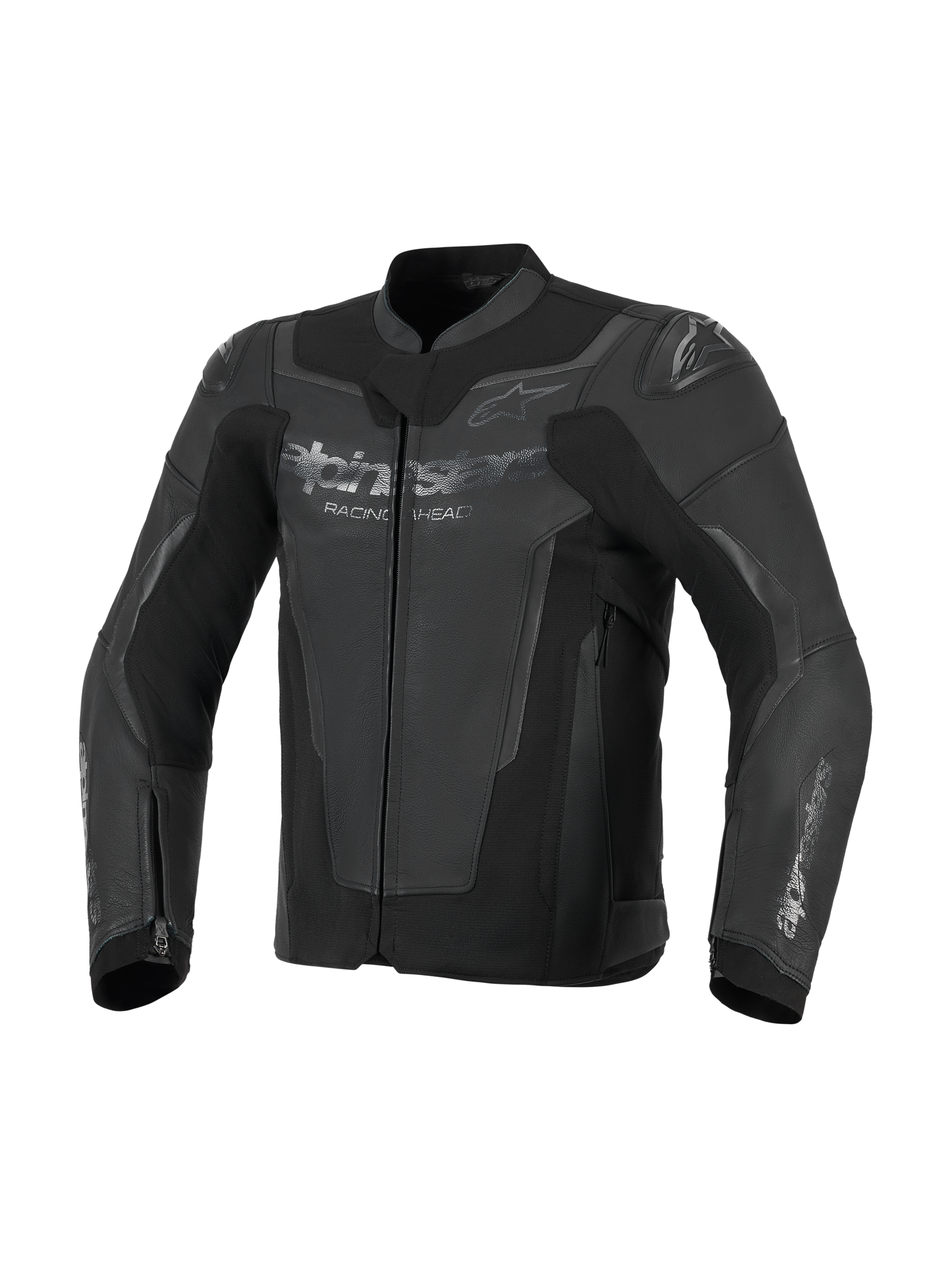 Chaqueta de cuero Alpinestars GP Force V2, negra, construcción de cuero bovino premium con paneles de alta elasticidad, con protectores de hombros GP Lite Evo DFS integrados y logotipos de Alpinestars en el pecho y las mangas, equipamiento deportivo para motociclismo