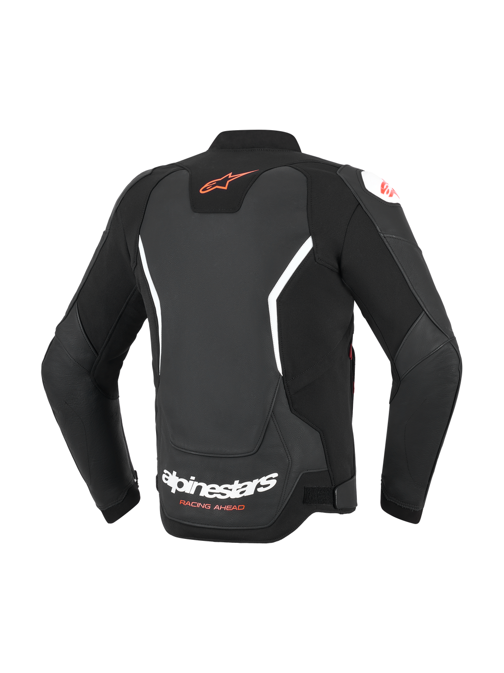 Alpinestars GP Force V2 Leather Jacket, Black with white and red accents, rear view showing red Astar logo on upper back and white Alpinestars branding on lower back, sport-fit leather motorcycle jacket with accordion stretch panels.