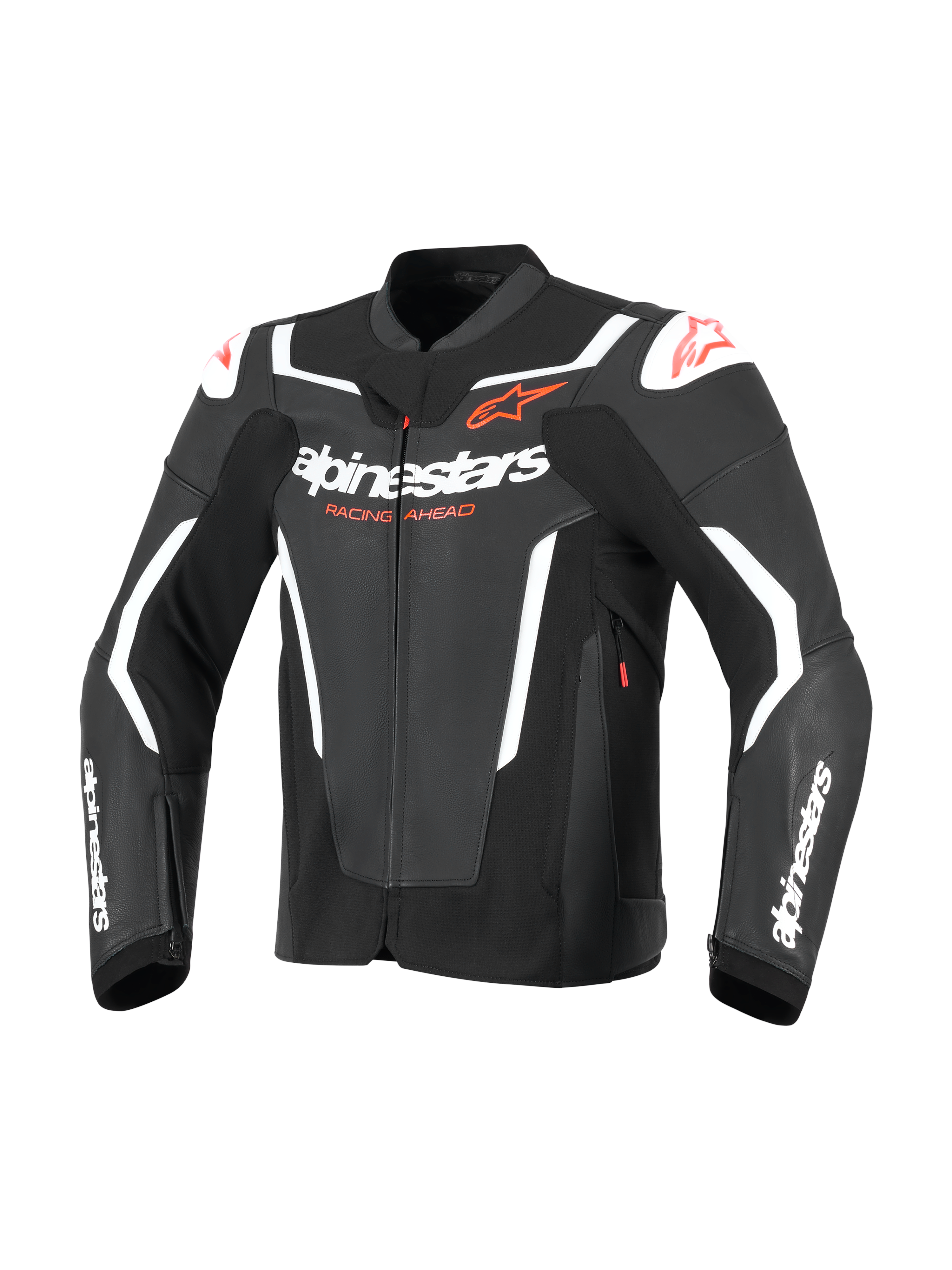 Alpinestars GP Force V2 Leather Jacket, Sport Motorcycle Jacket, Black and White, featuring bold white alpinestars branding on the chest and sleeves, red star logos, and external shoulder sliders, professional racing-inspired leather design.