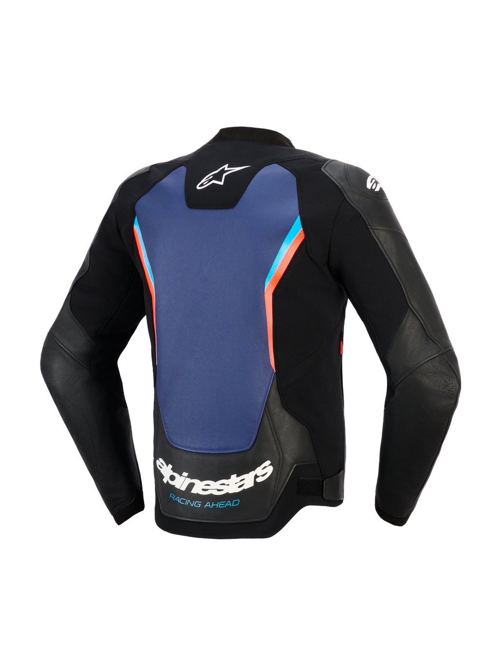 Chaqueta de cuero Alpinestars GP Force V2, vista trasera, cuero negro con un gran panel central azul y detalles en rojo flúor, con el logotipo de Alpinestars y la marca 'RACING AHEAD' en la parte inferior de la espalda, equipamiento para conducción de motos deportivas